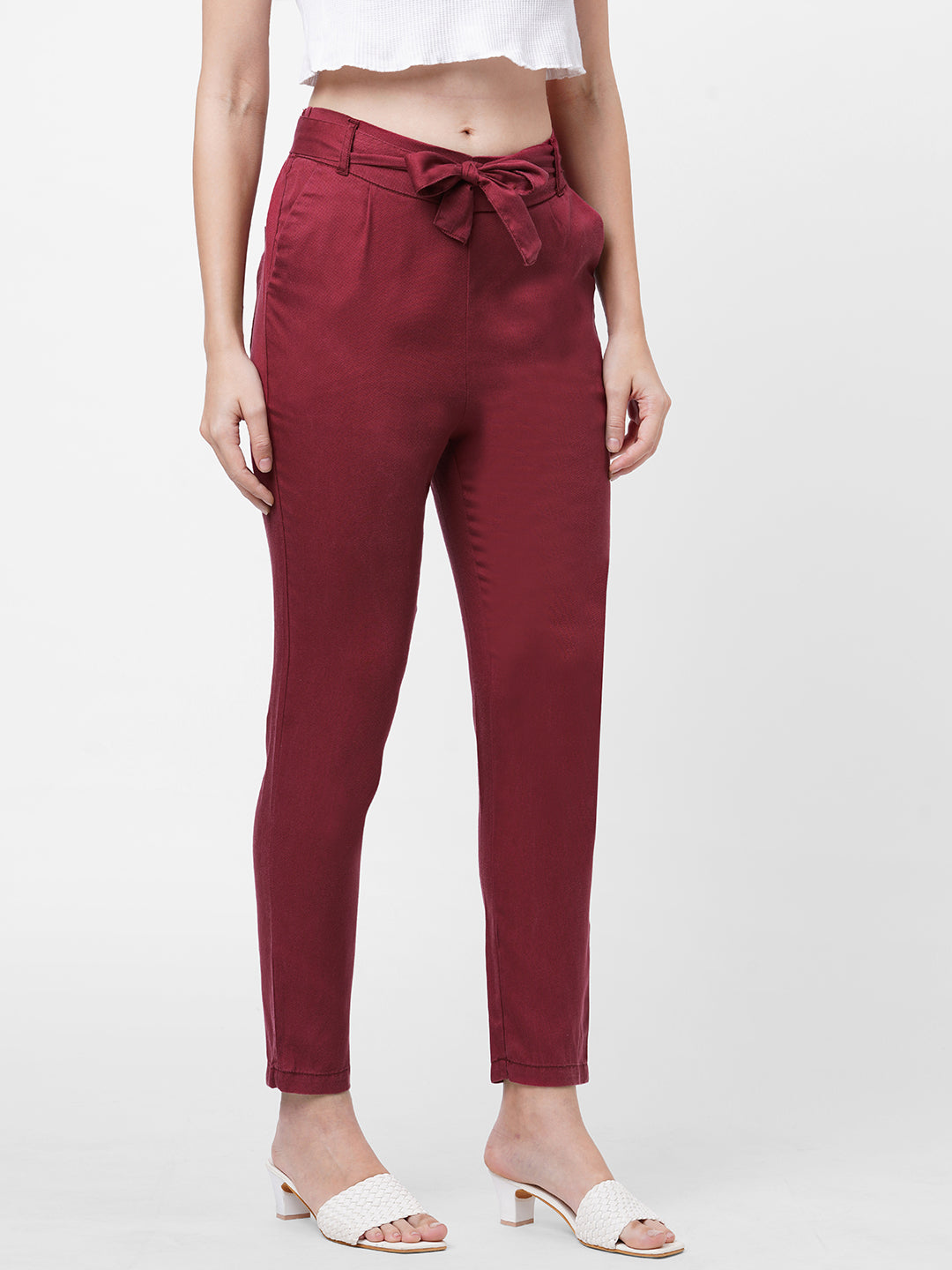 Women High-Rise Comfort Fit Paper Bag Pants