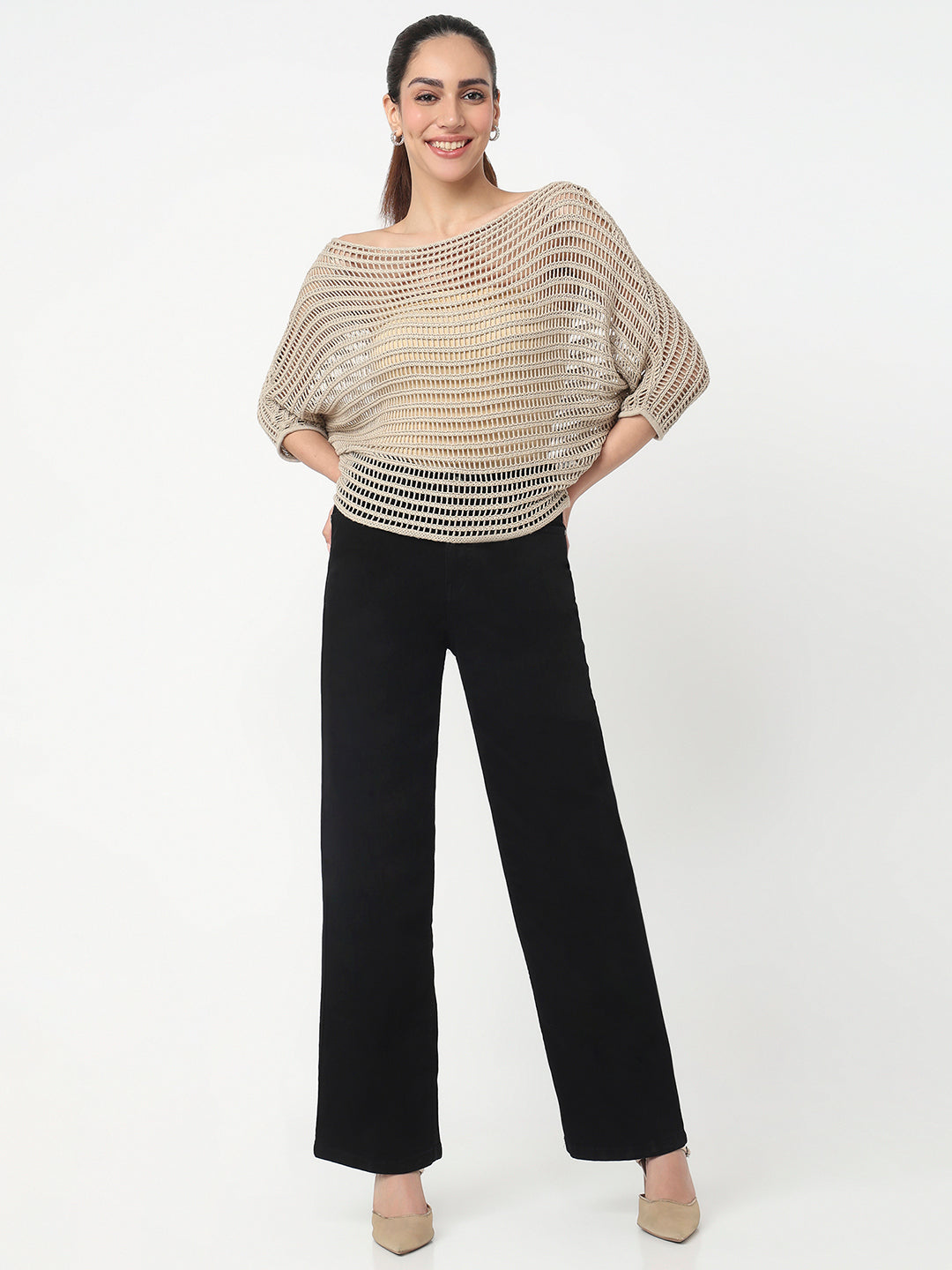 Women Champagne Slim Fit Batsleeve Top