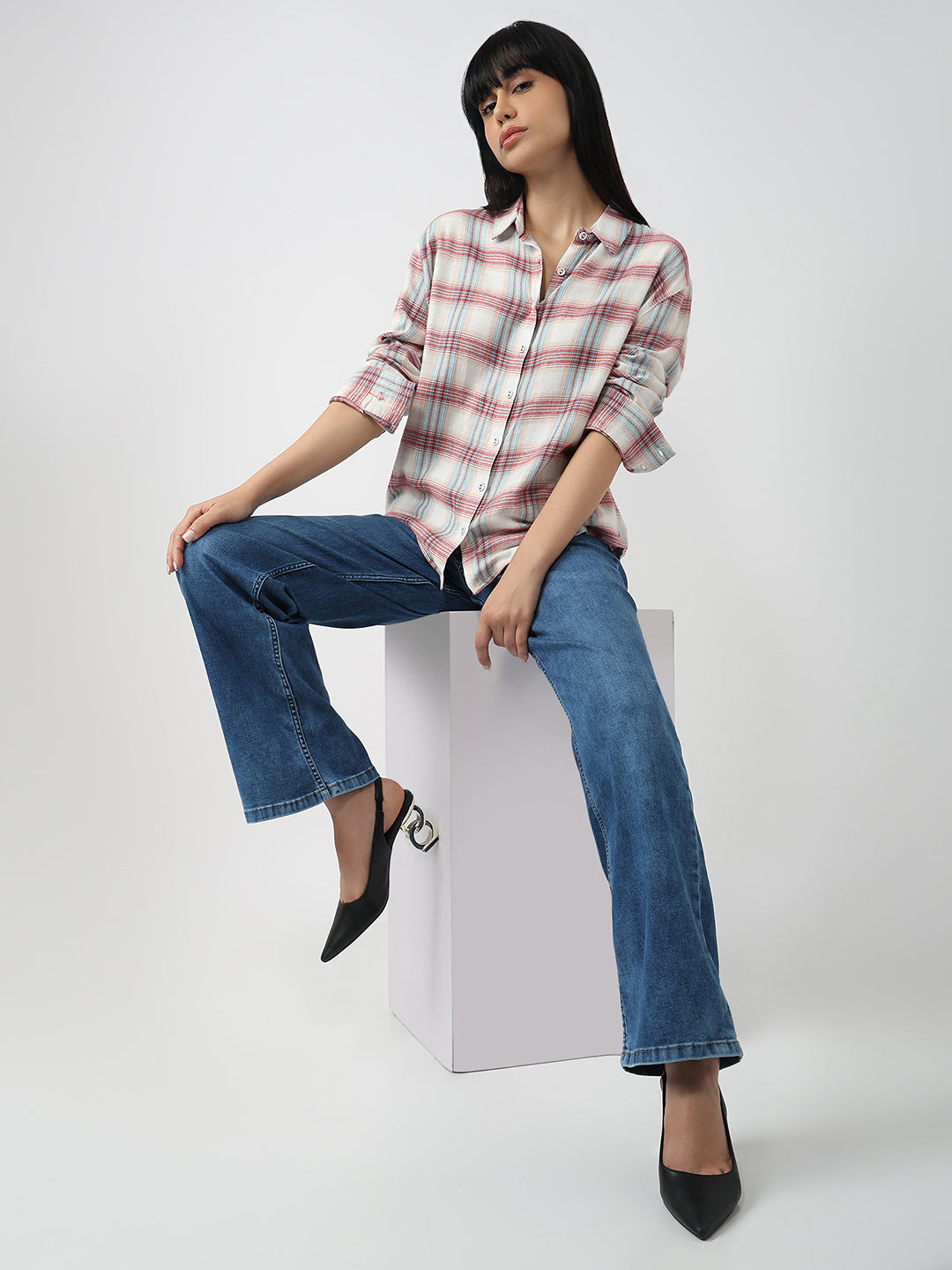 Women Red/Ivory Slim Fit Oversized Shirt