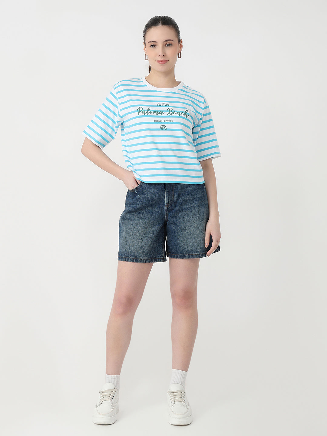 Women Sky/White Slim Fit Graphic Crop T-Shirt