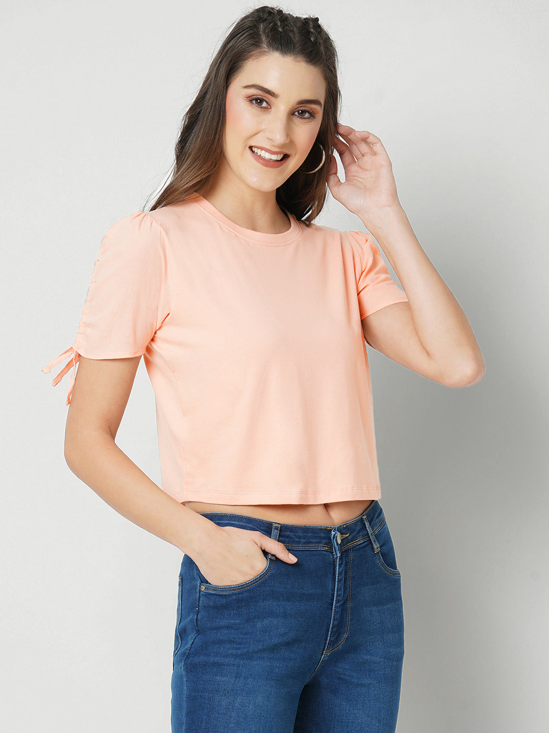 Women Slim Fit Ruched Sleeve Crop T-Shirt