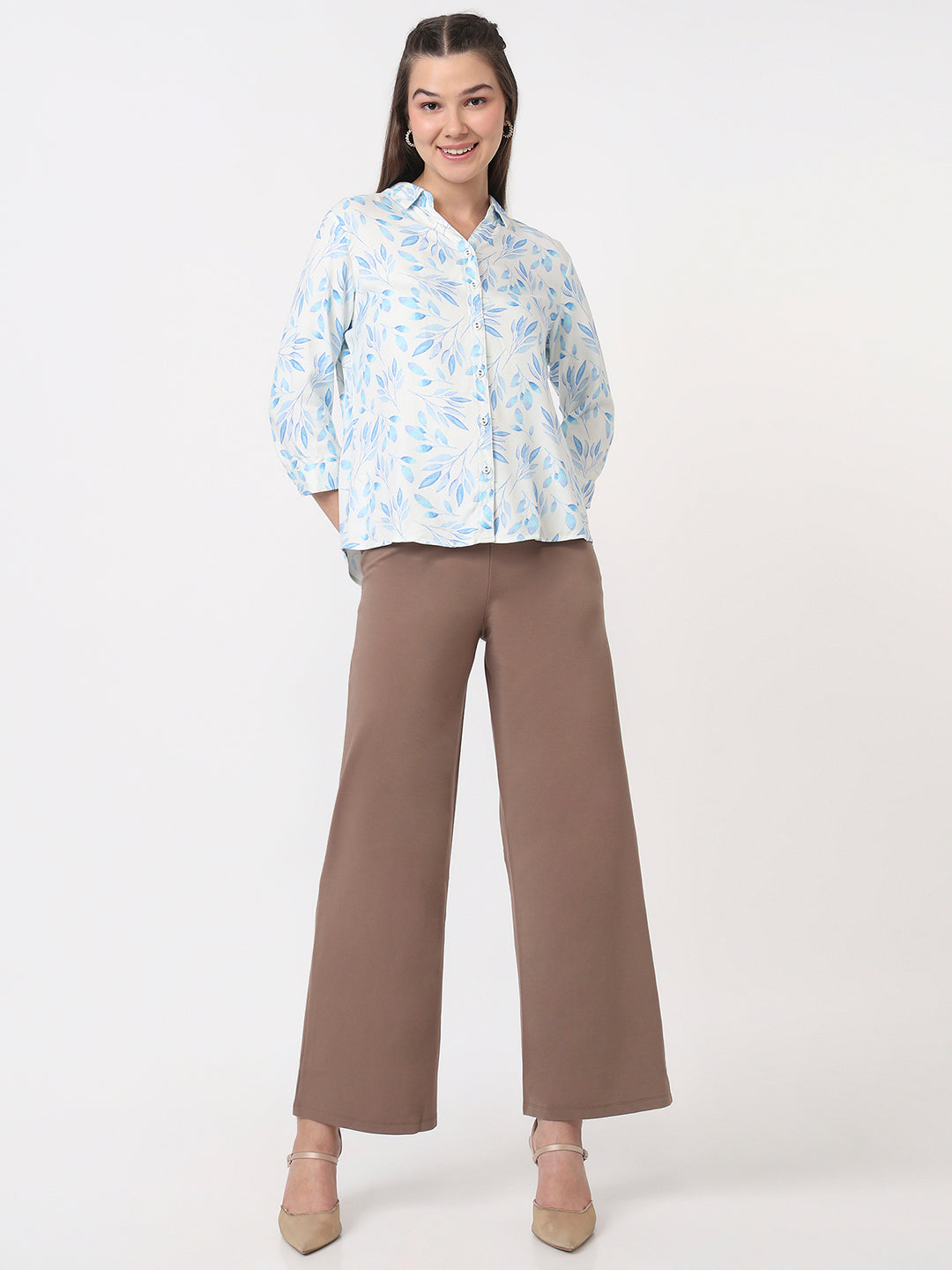 Women Blue Leaf Slim Fit Shirt