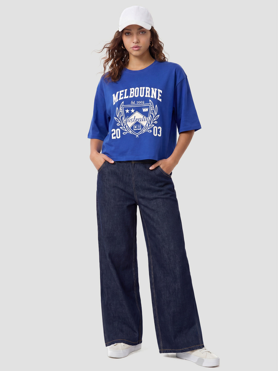 Women Indigo Graphic Print Crop Tees