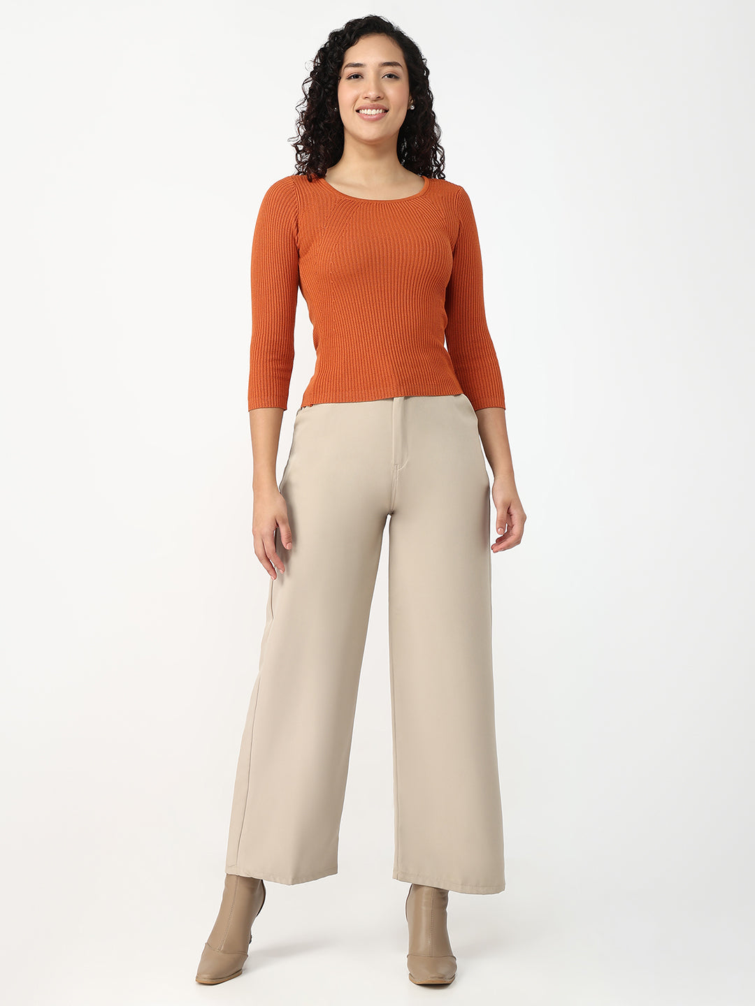 Women Burnt Orange Slim Fit Flat Knit