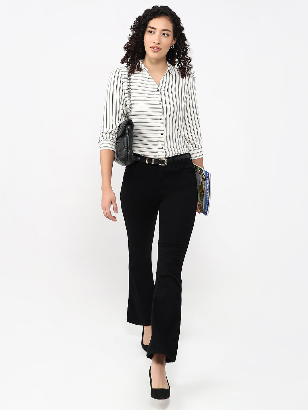 Women White Black Slim Stripe Shirt XS