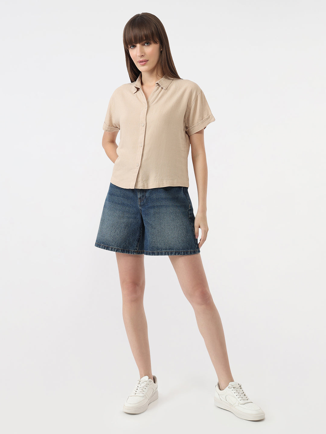 Women Oatmilk Slim Fit Crop Shirt