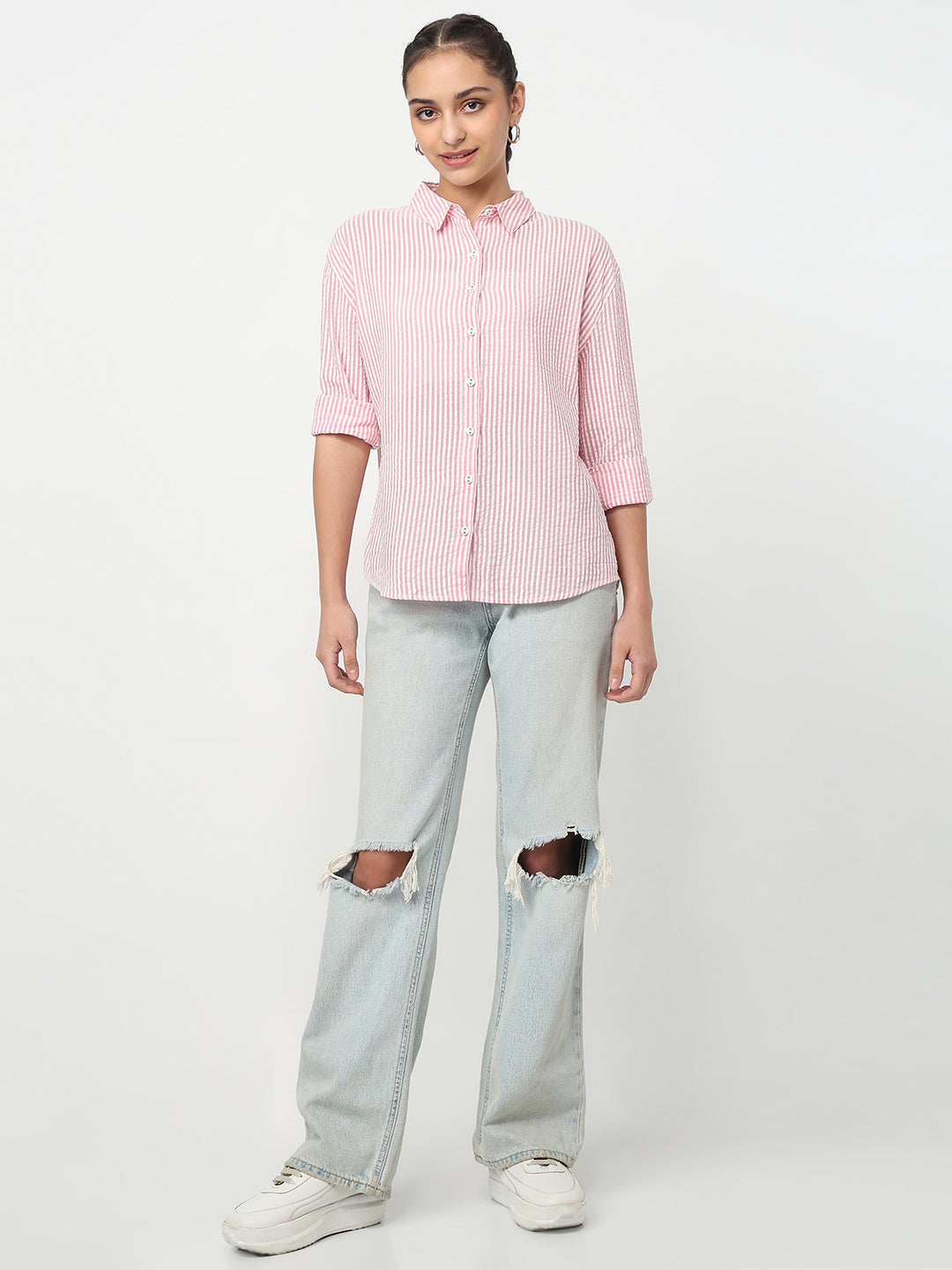 Women Pink/White Oversized Shirt