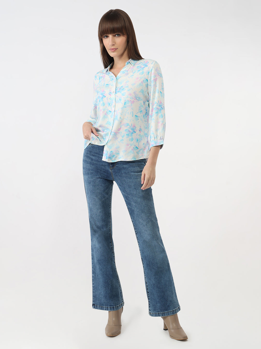 Women Blue Floral Slim Shirt