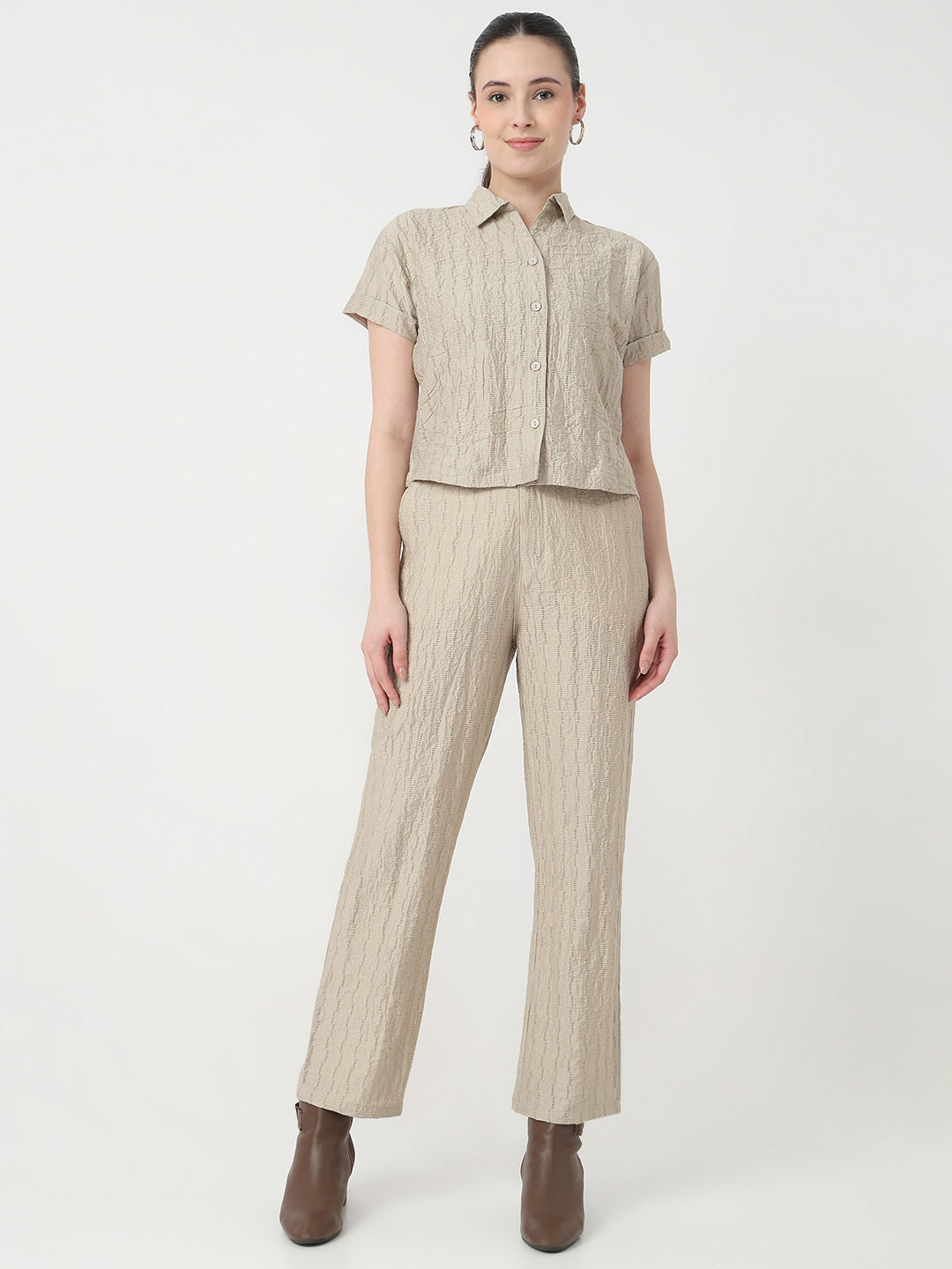 Women Pumic Stone Slim Fit Crop Shirt
