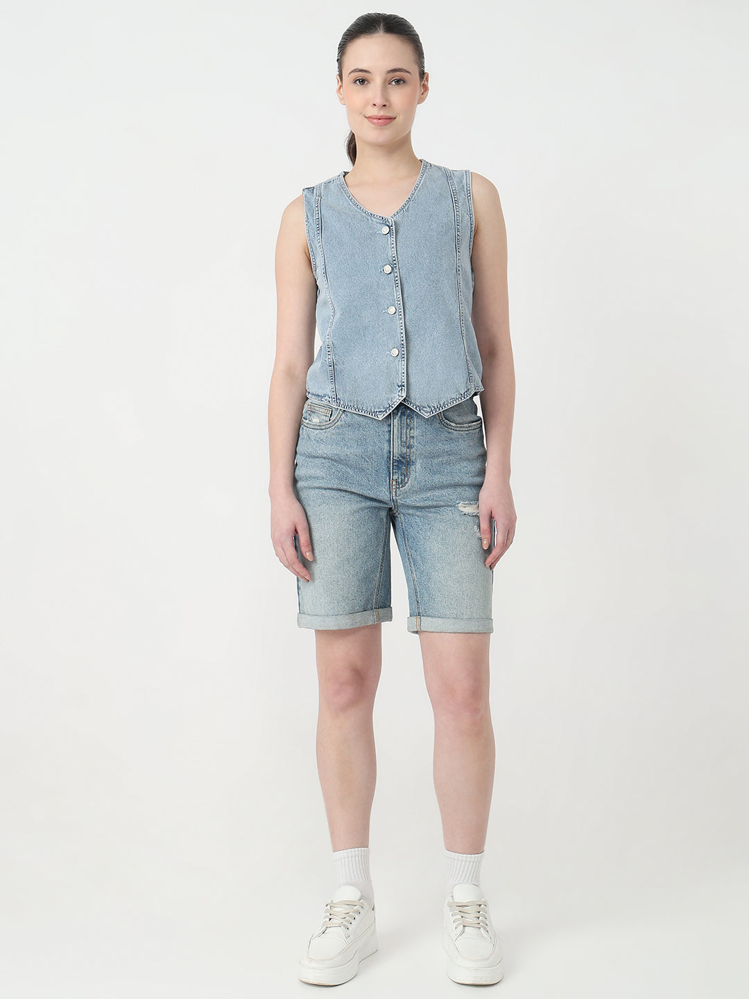 Women Light Blue Slim Fit Vest