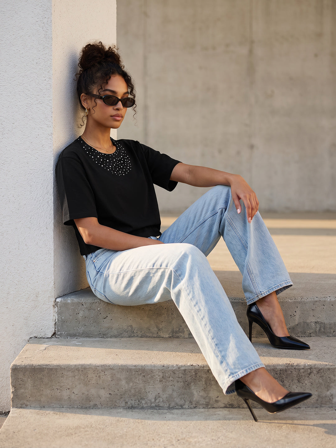 Black Rhinestones Crop Tees