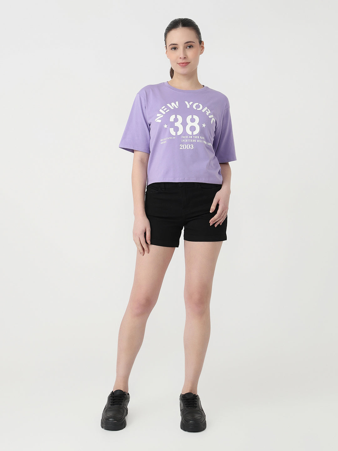 Women Lilac Slim Fit Graphic Crop T-Shirt