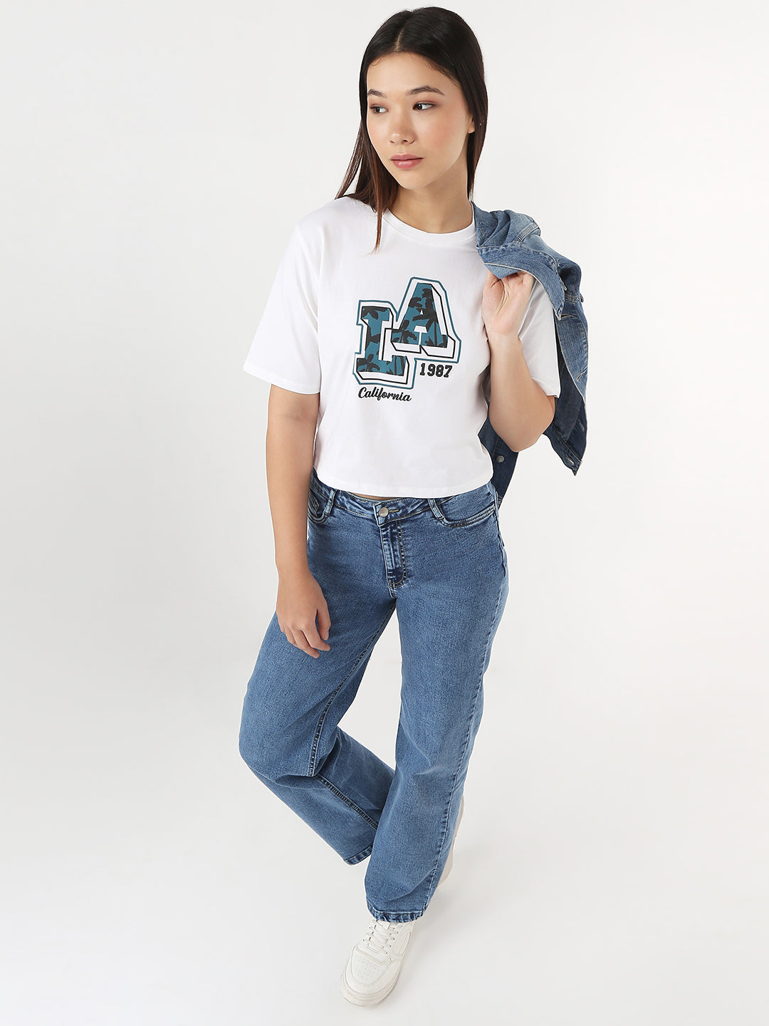 Women White Slim Crop Graphic T-Shirt