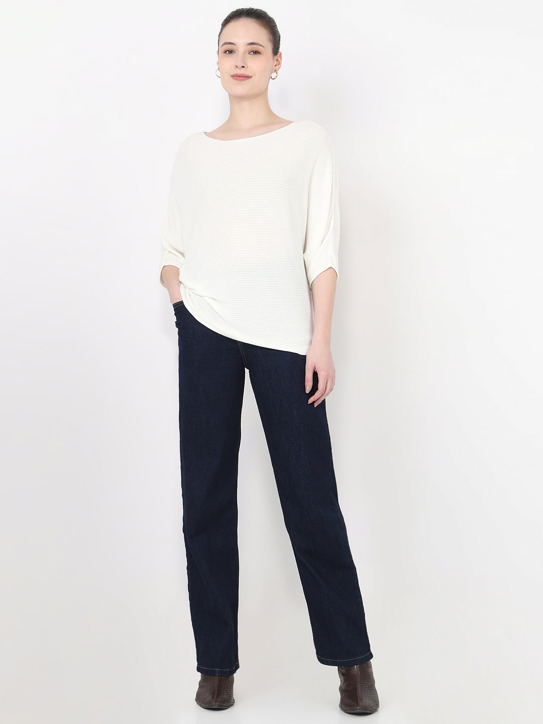 Women Off White Slim Batsleeve Top