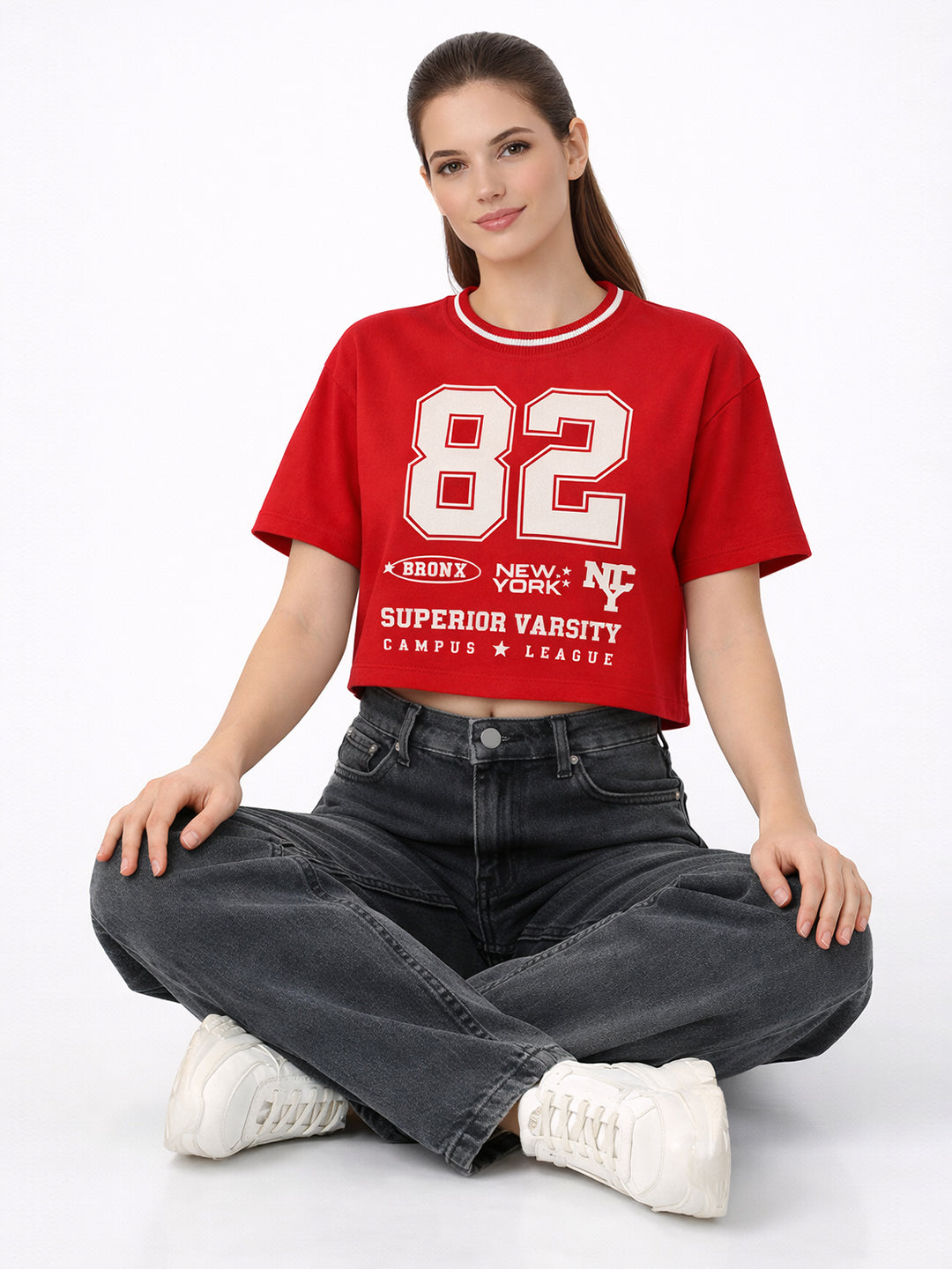 Women Red Graphic Crop Tees