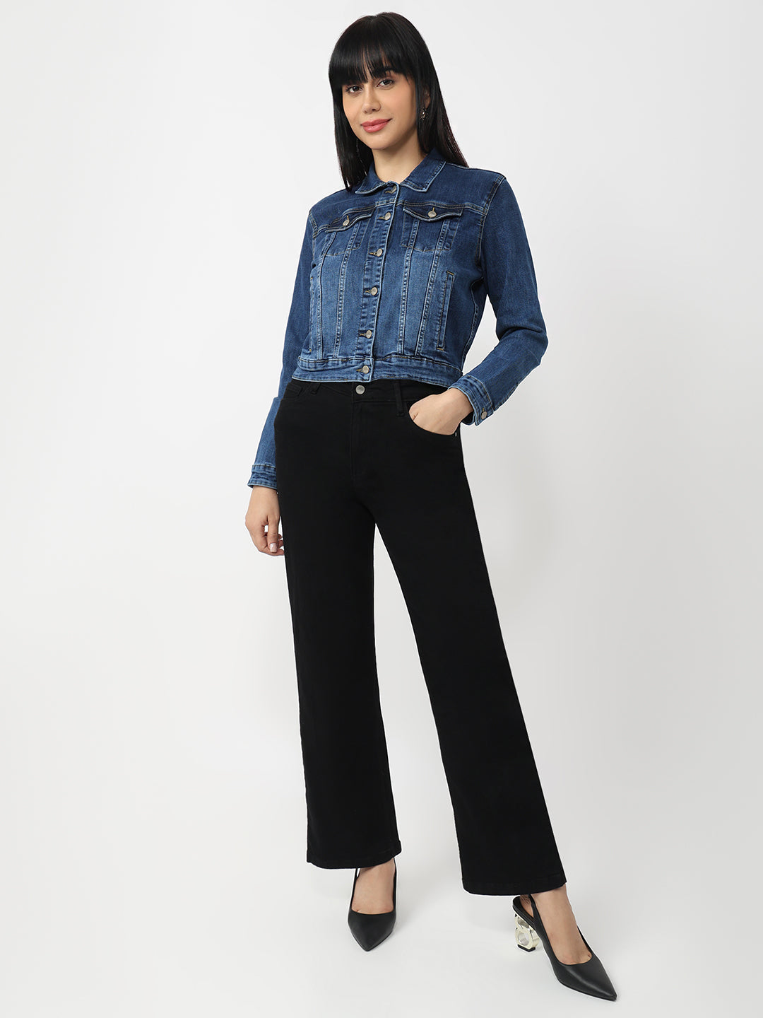 Women Light Blue Denim Slim Fit Jacket