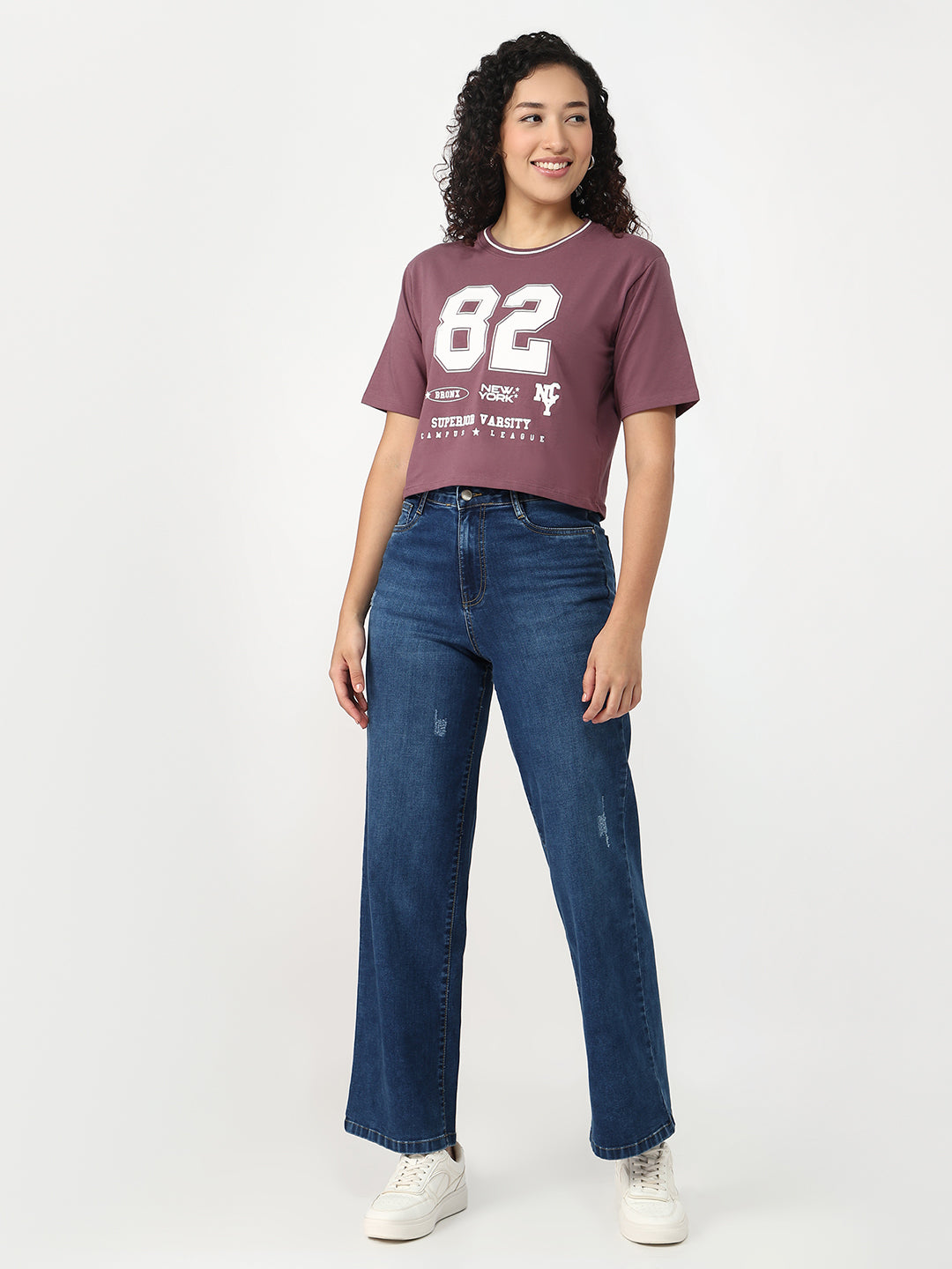 Women Mauve Slim Fit Graphic Crop T-Shirt