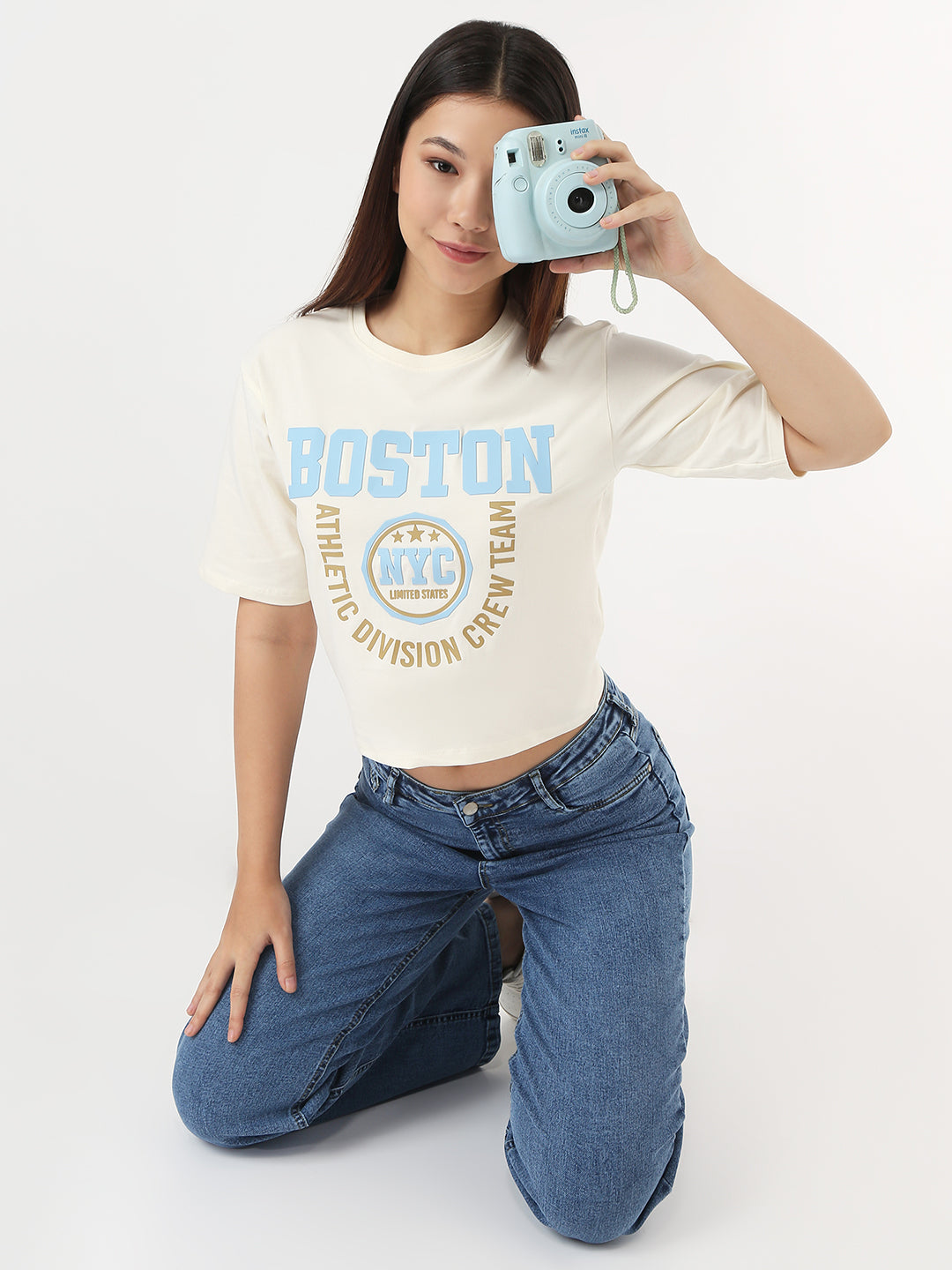 Women Ivory Slim Crop Graphic T-Shirt