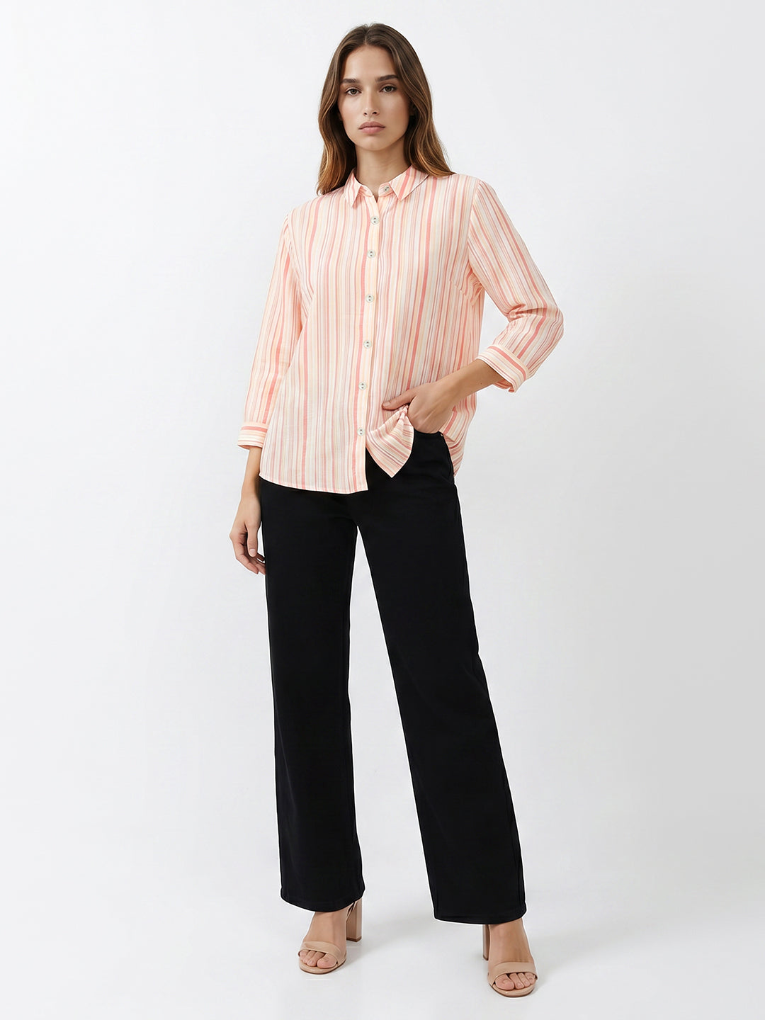 Women Peach/Yellow Striped Shirt