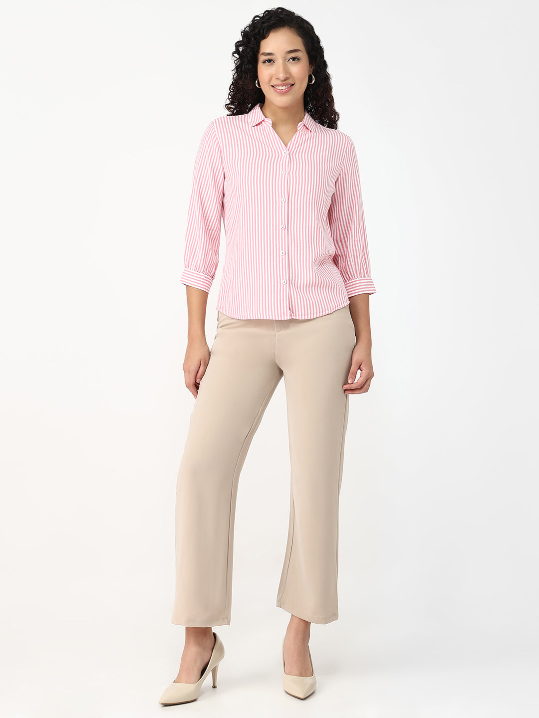 Women Pink/White Slim Shirt