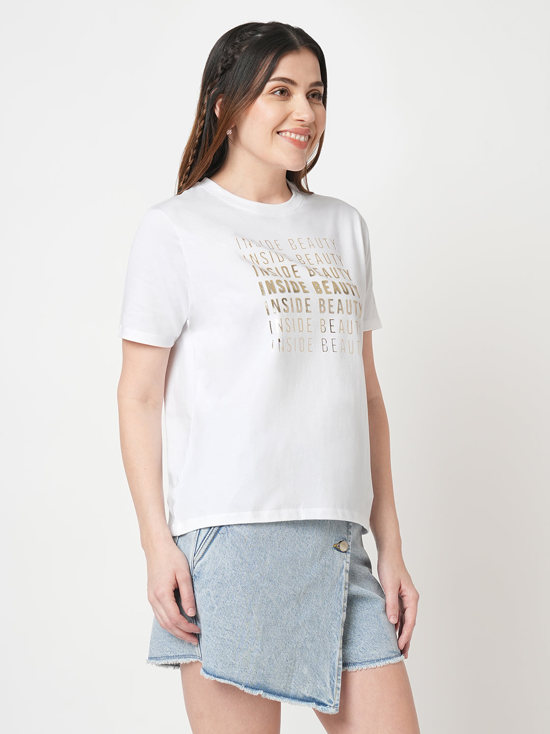 Women Slim Fit  White Boxy Graphic Tees
