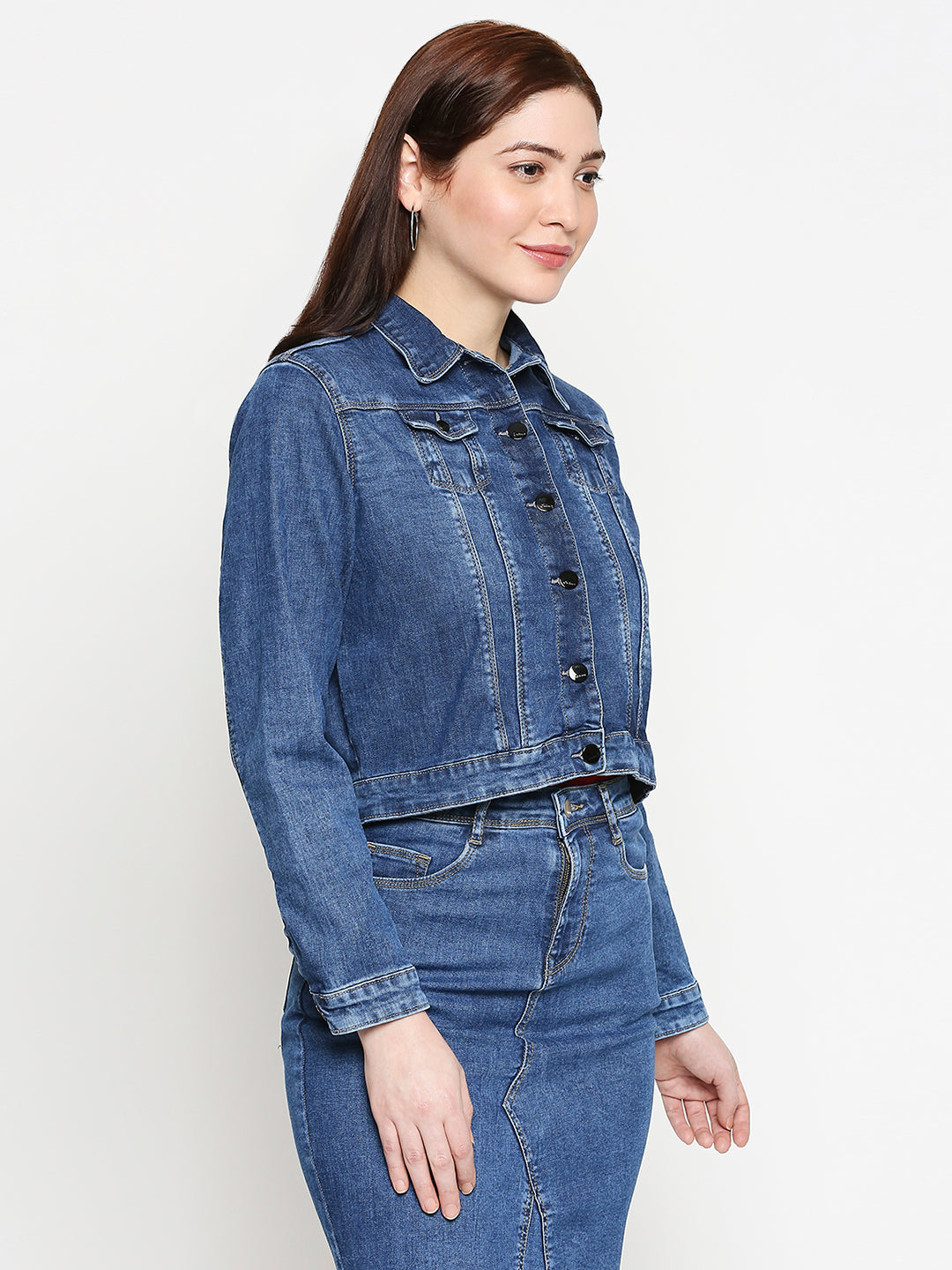 Women Blue Solid Full Length Jacket