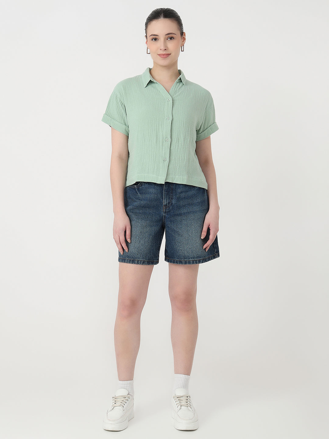 Women Mint Slim Fit Crop Shirt