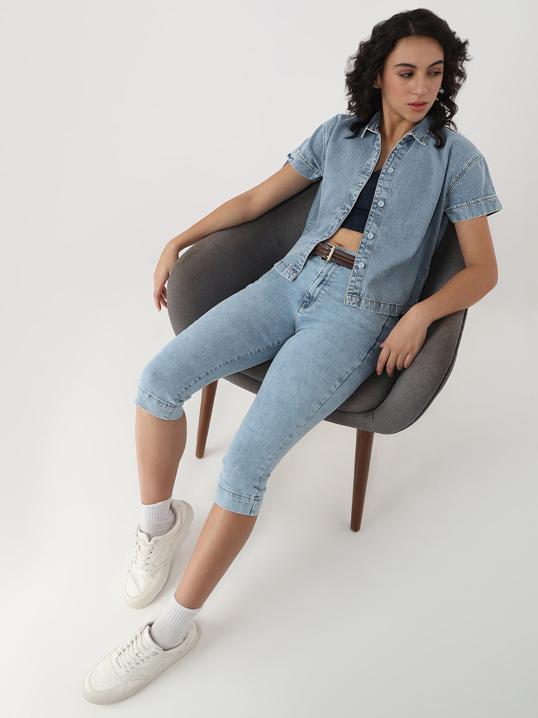 Women Blue Slim Crop Shirt Denim