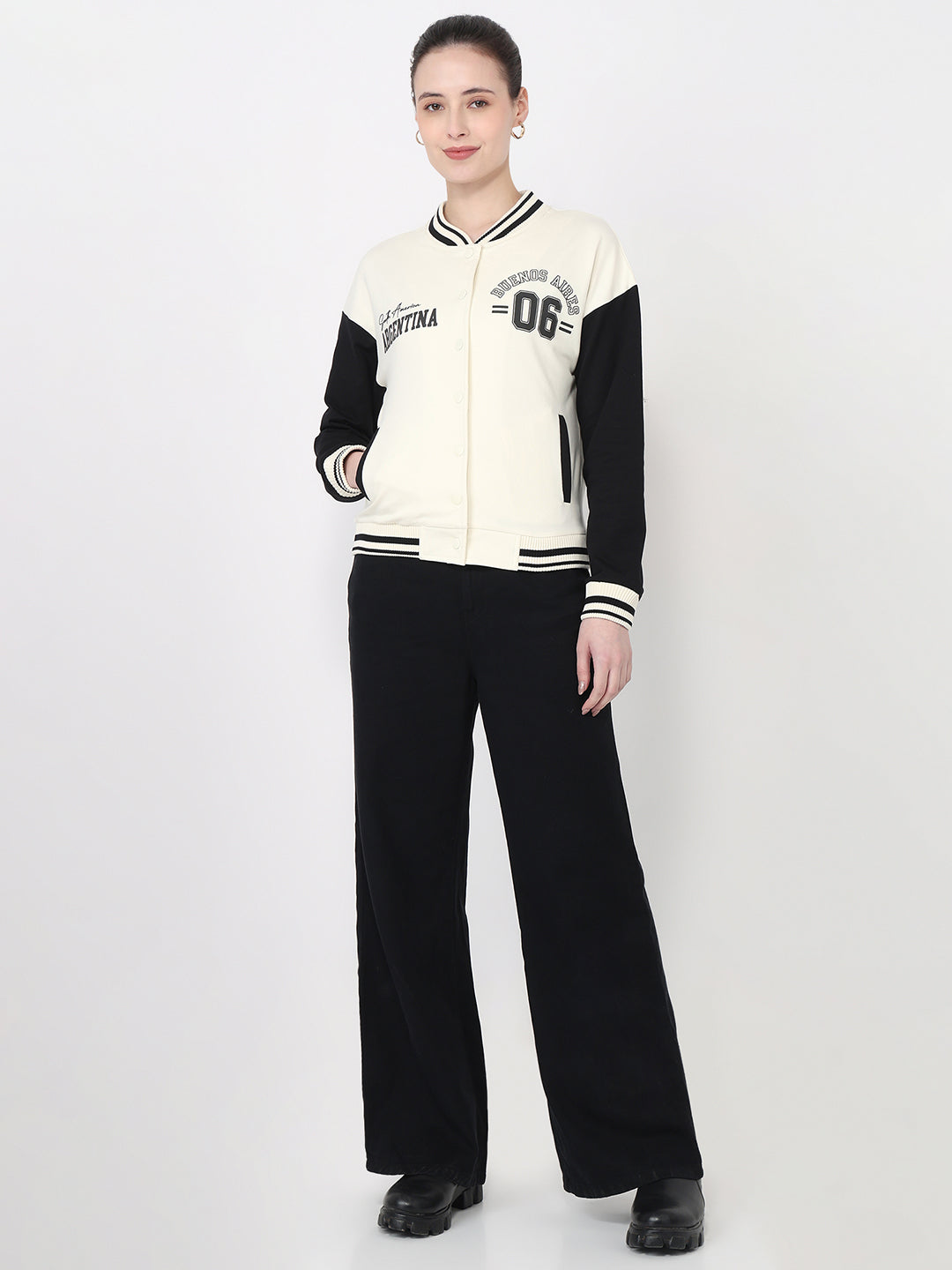 Women Ivory/Black Slim Fit Varsity Jacket