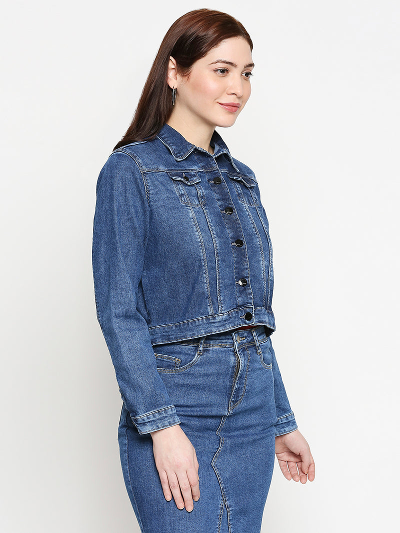 Women Blue Solid Full Length Jackets & Shrugs