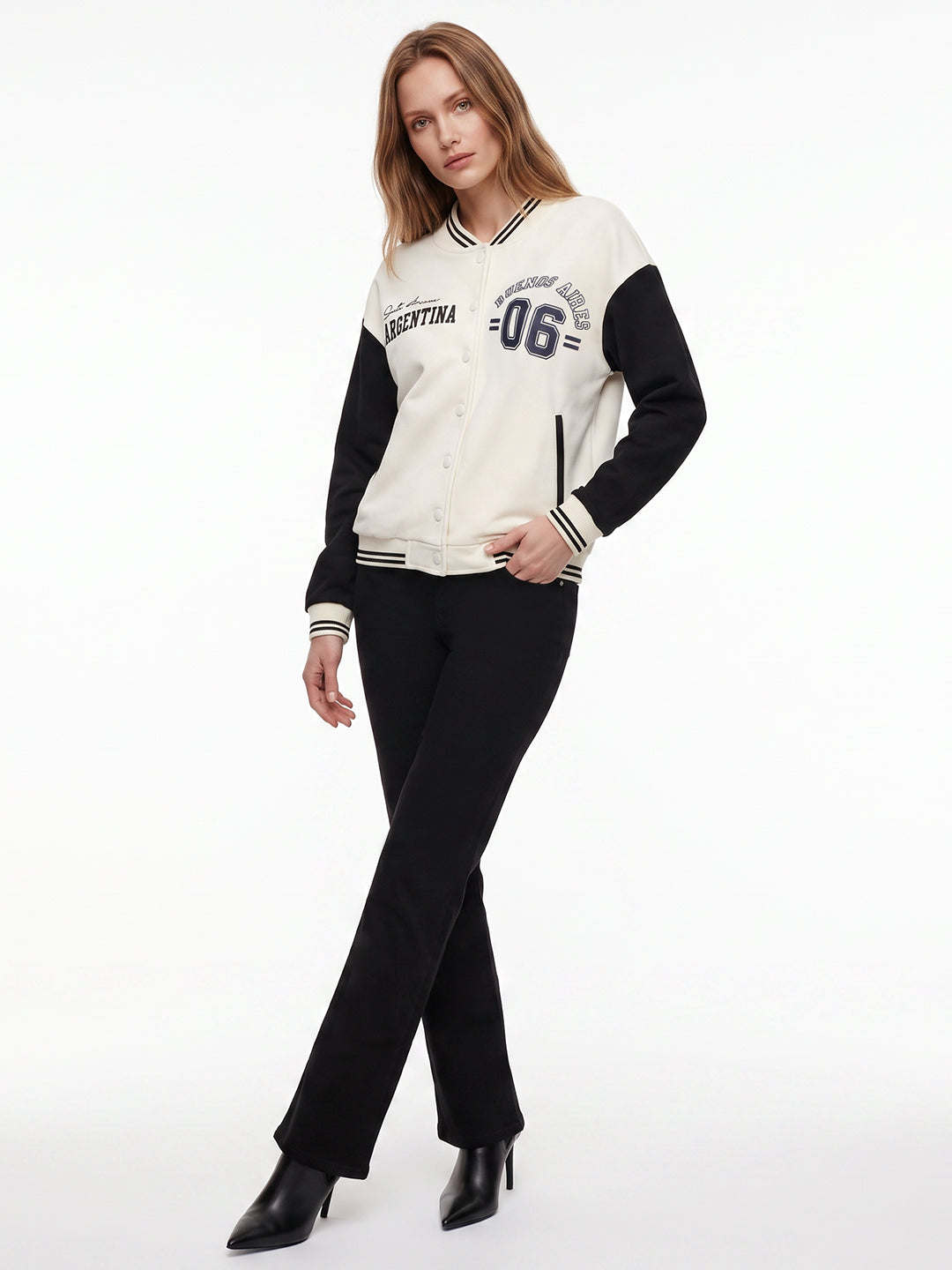 Women Ivory/Black Varsity Jacket