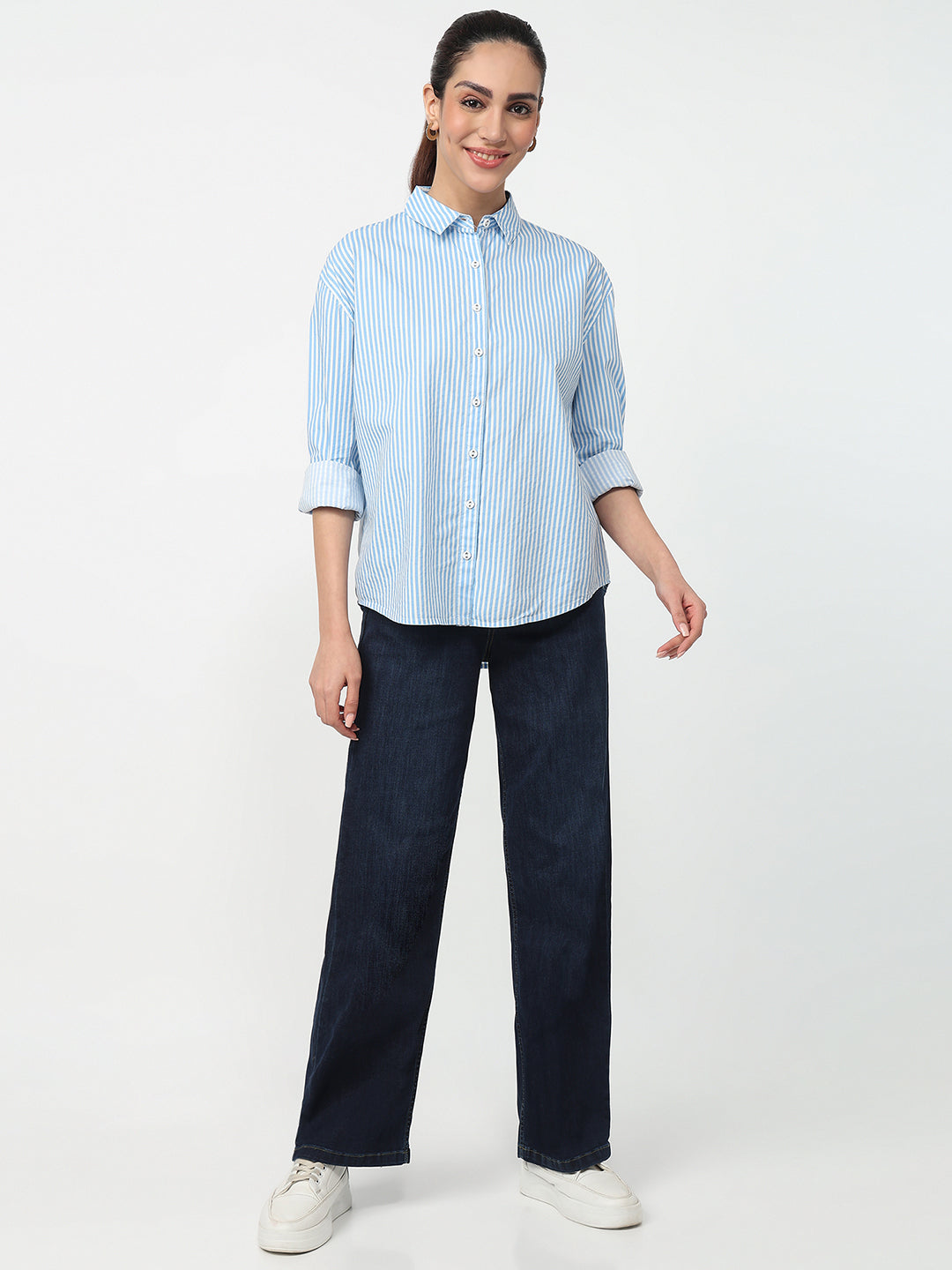 Women Sky/White Striped Oversized Shirt