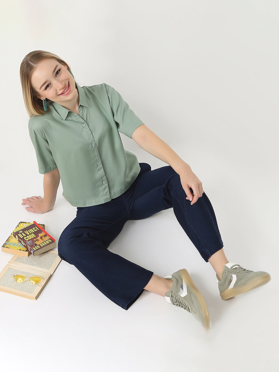 Women Mint Slim Fit Crop Shirt