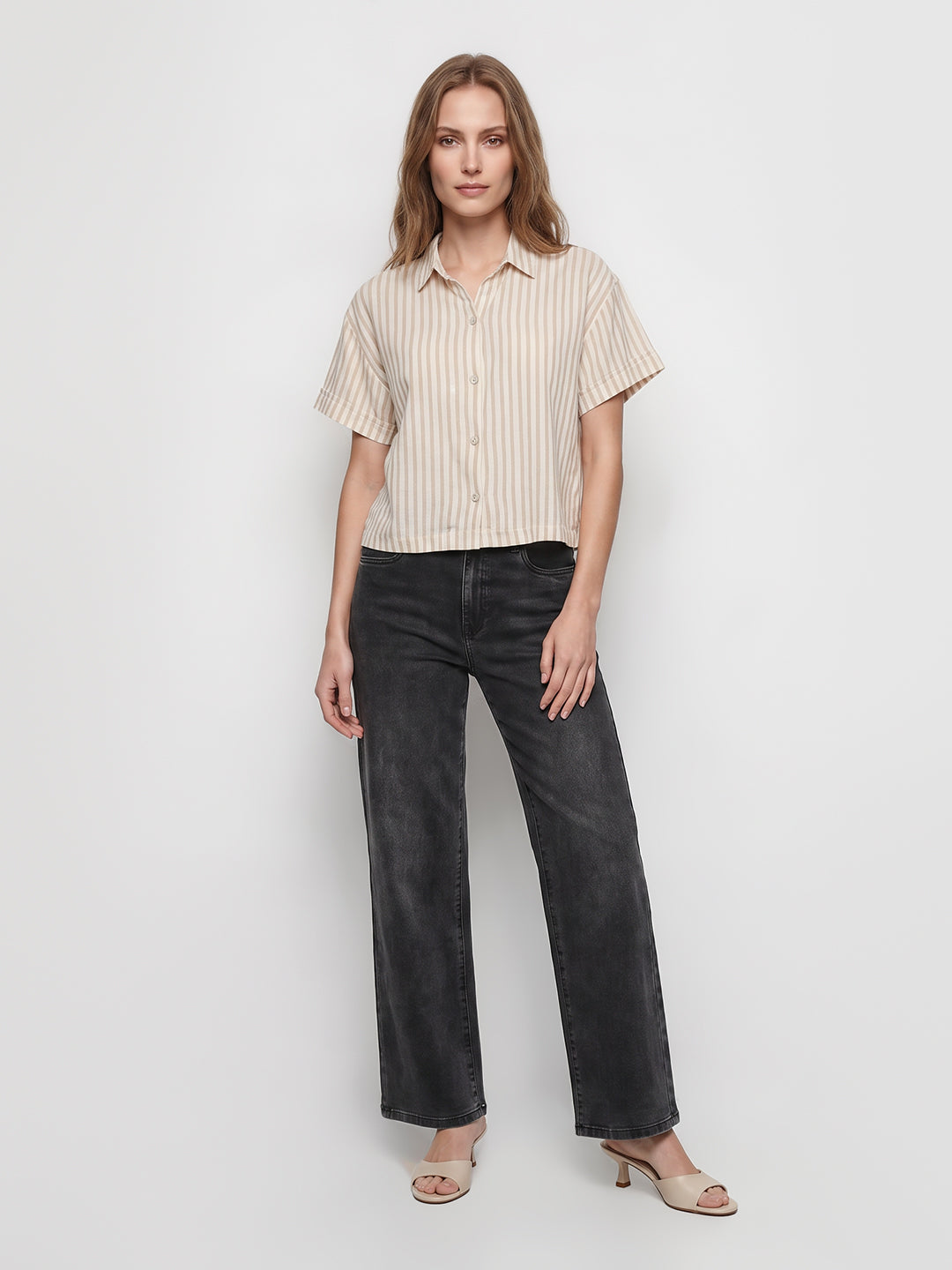 Women Beige/Off White Crop Shirt