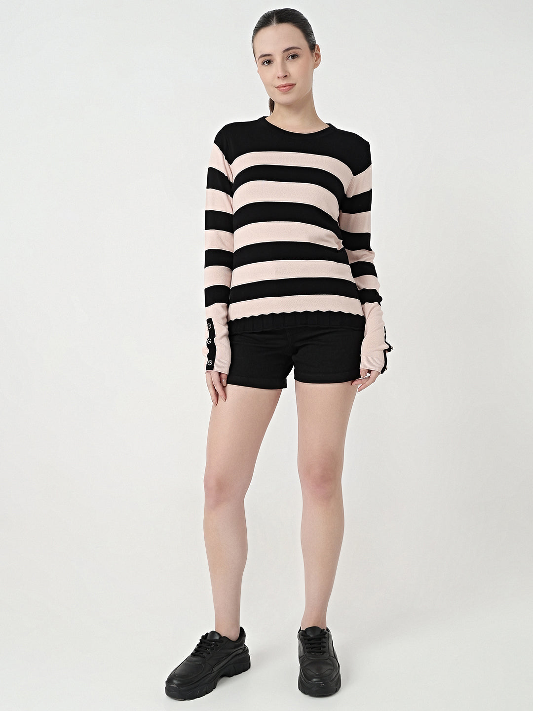 Women Black/Beige Slim Fit Flat Knit