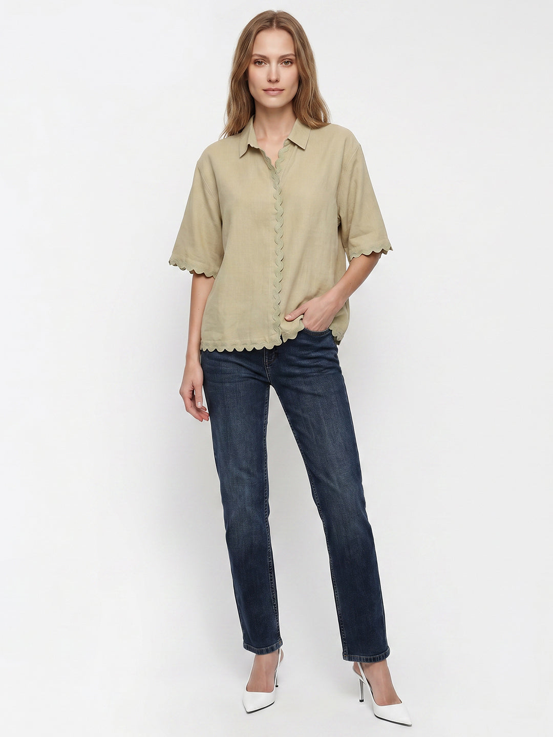 Women Light Olive Crop Shirt