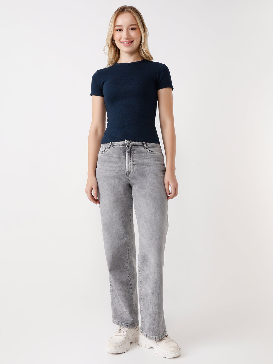 Women Slim Fit Crop T-Shirt Rib