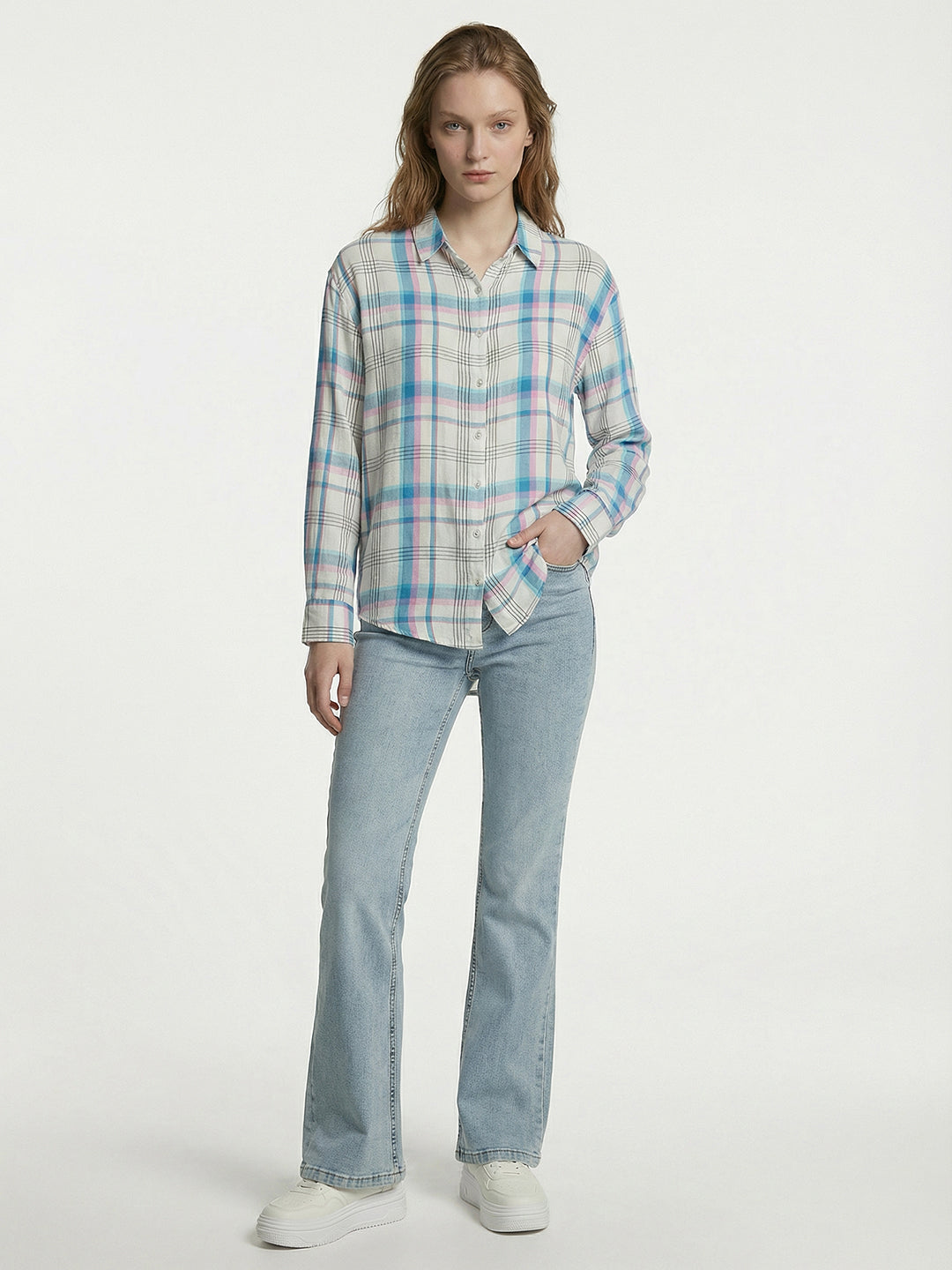 Women Sky/White Checked Oversized Shirt