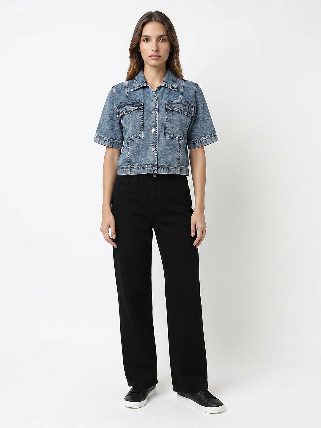 Women Light Blue Crop Denim Shirt