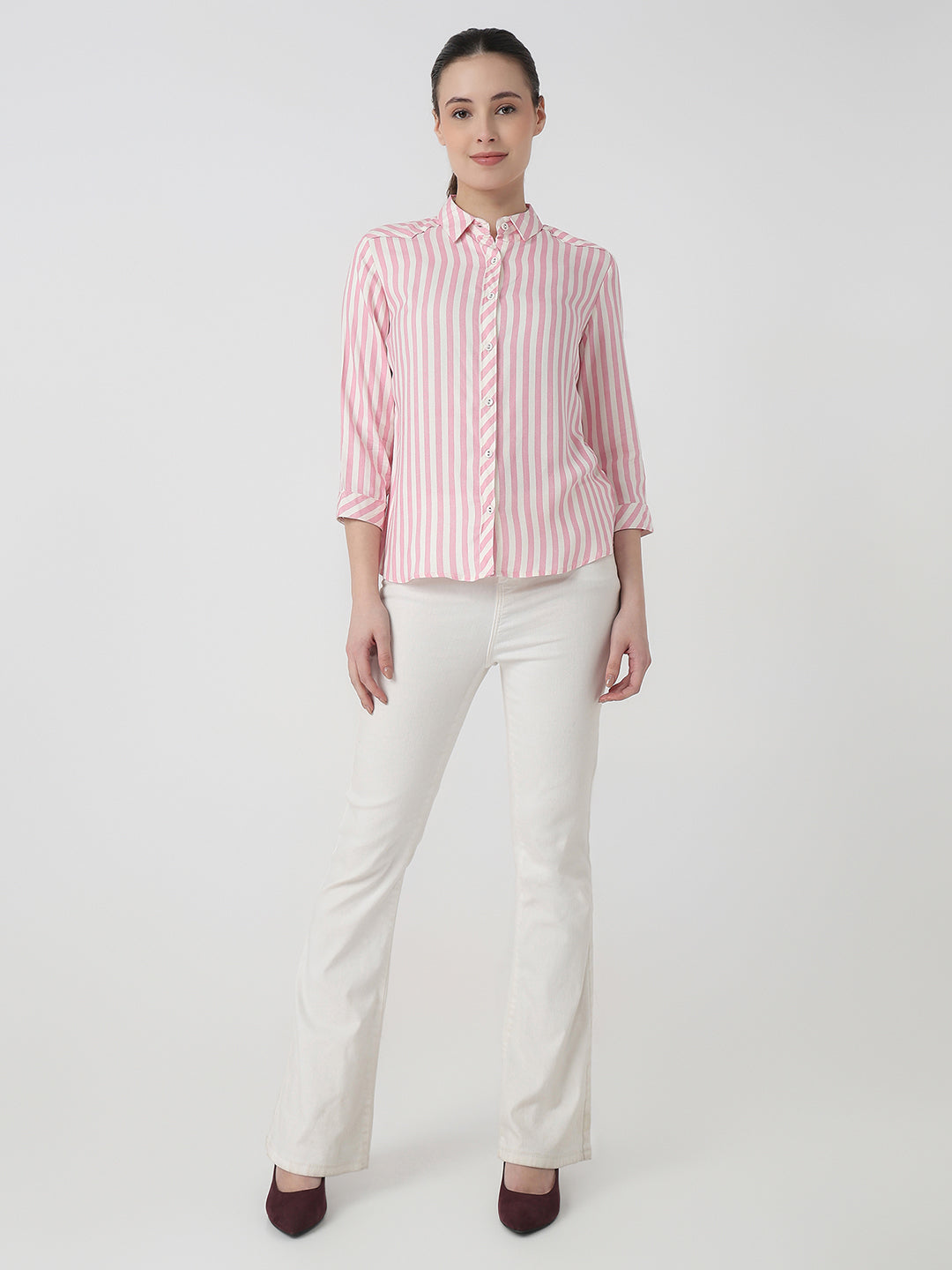 Women Pink/White Slim Fit Shirt