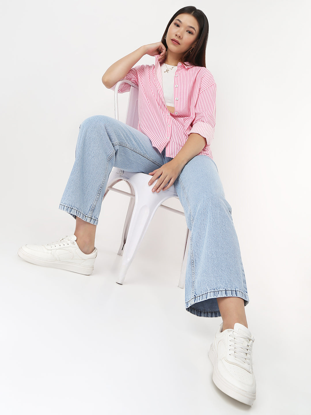 Women Pink/White Slim Oversized Shirt