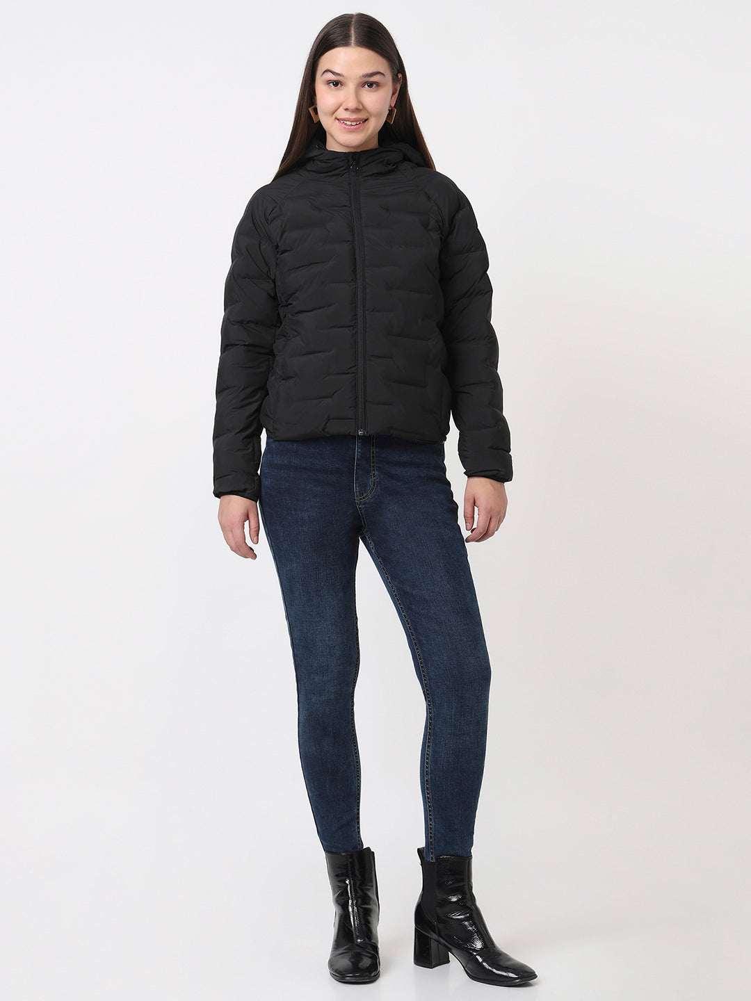 Women Black Slim Fit Winter Jacket