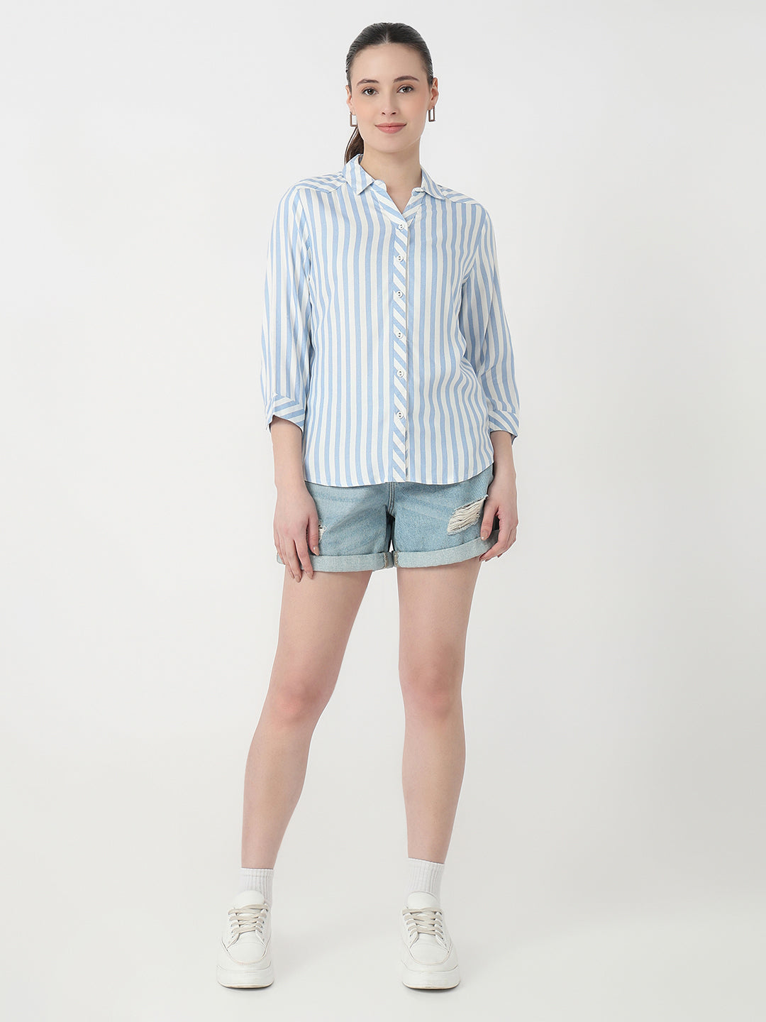 Women Sky/White Slim Fit Shirt