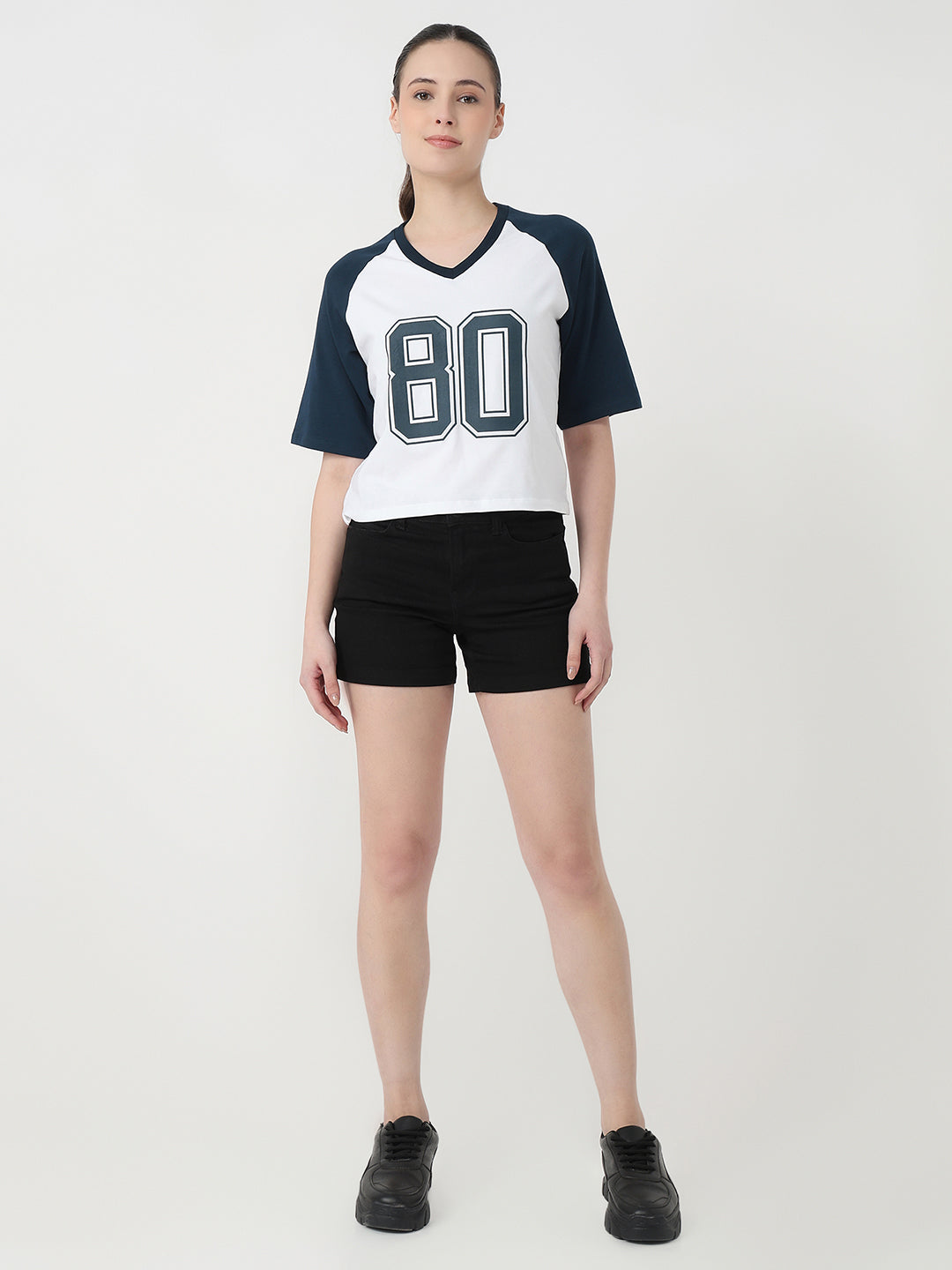 Women White/Airforce Slim Fit Graphic Crop T-Shirt