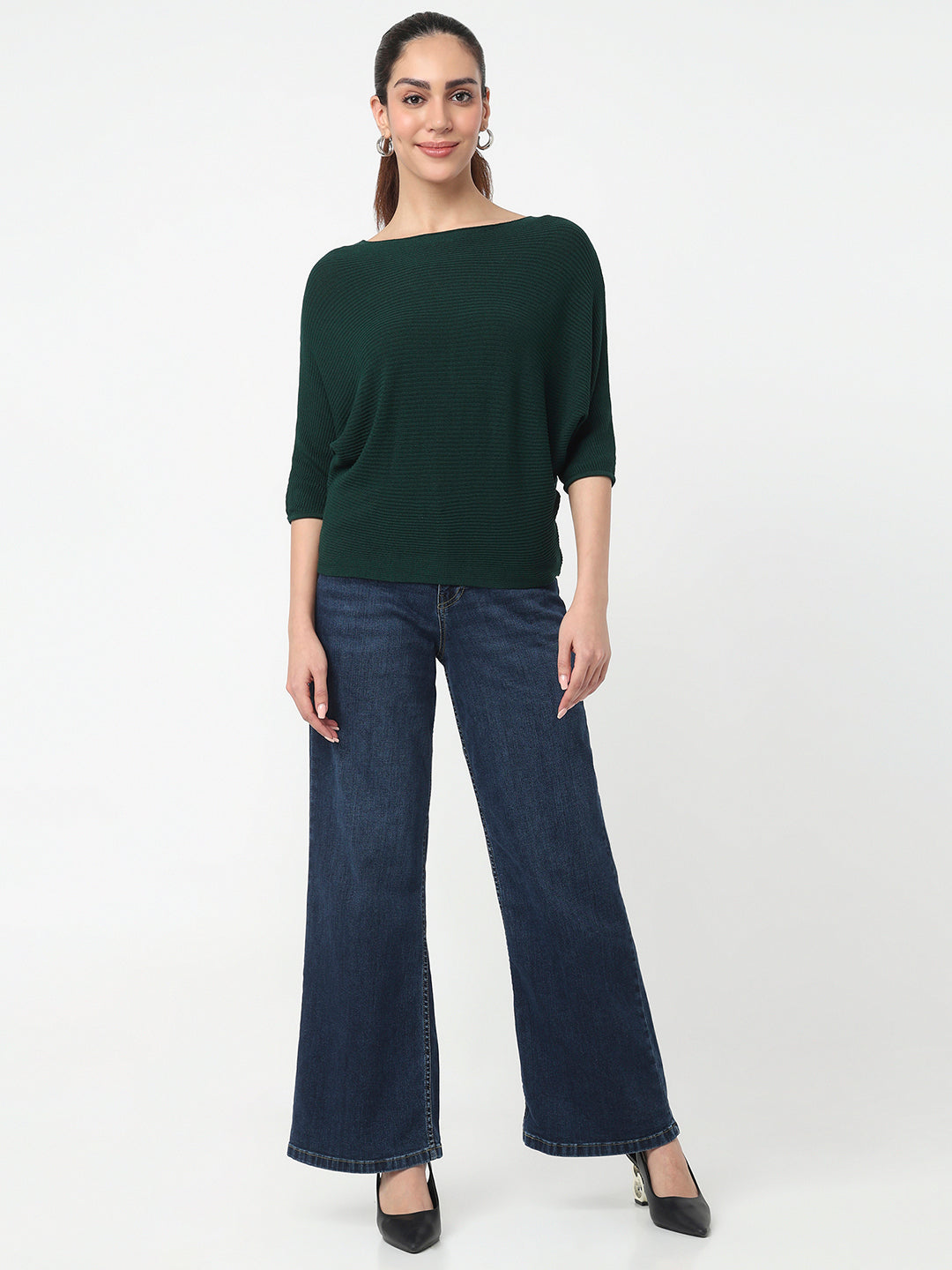 Women Bottle Green Batsleeve Top