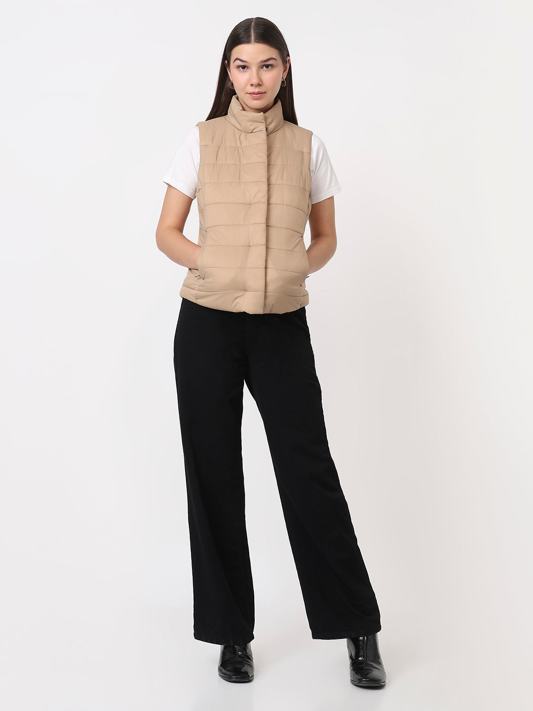 Women Beige Slim Fit Winter Jacket