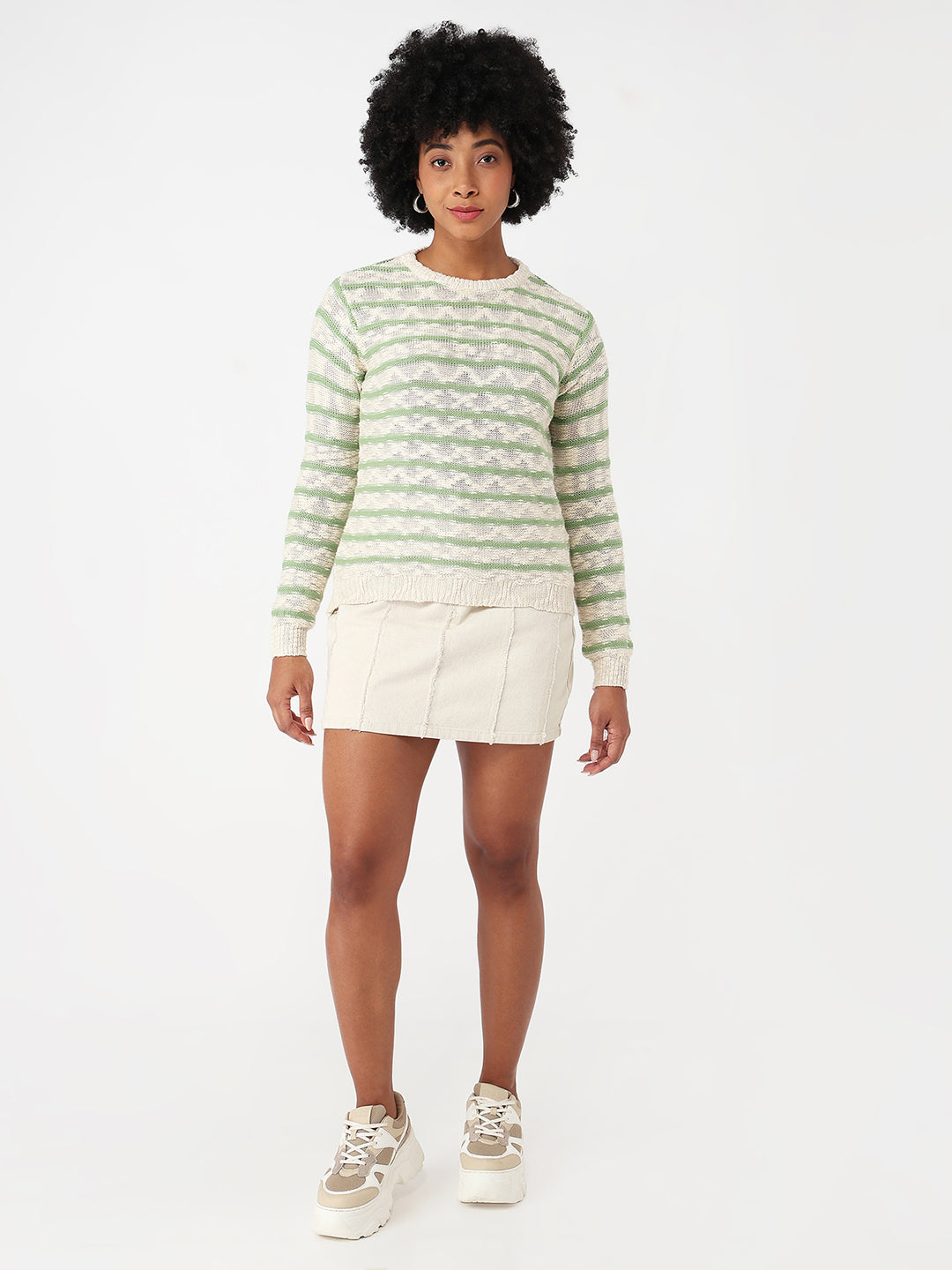 Women Off White/Green Slim Fit Sweater