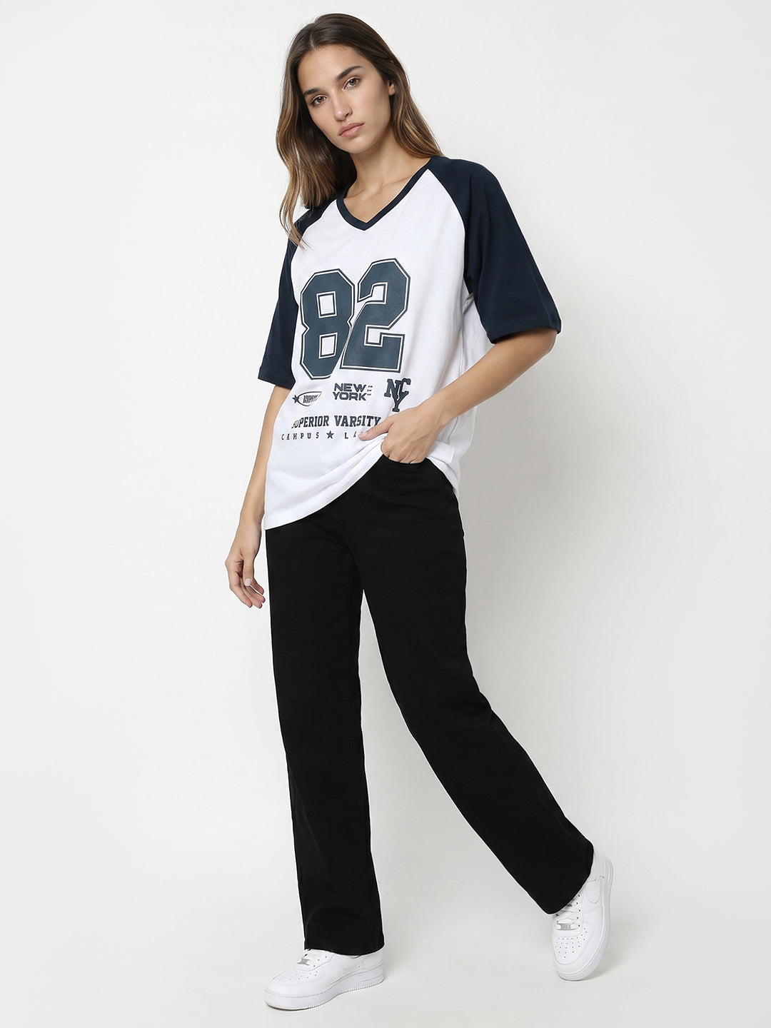 Women White/Airforce Oversized T-Shirt