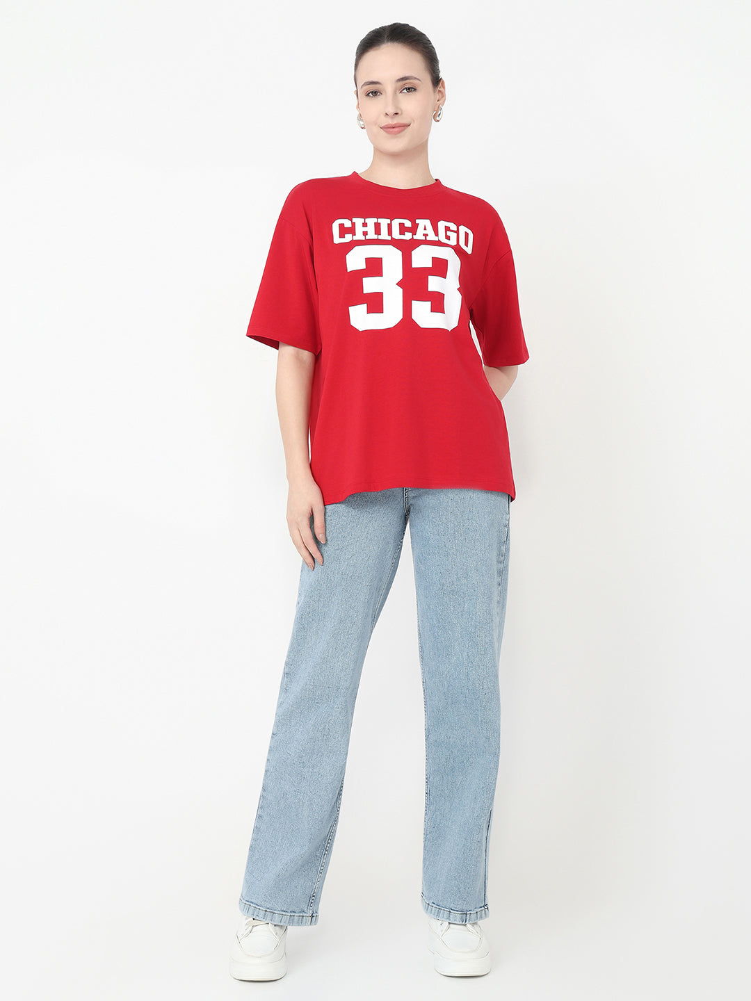 Women Red Slim Fit Oversized T-Shirt