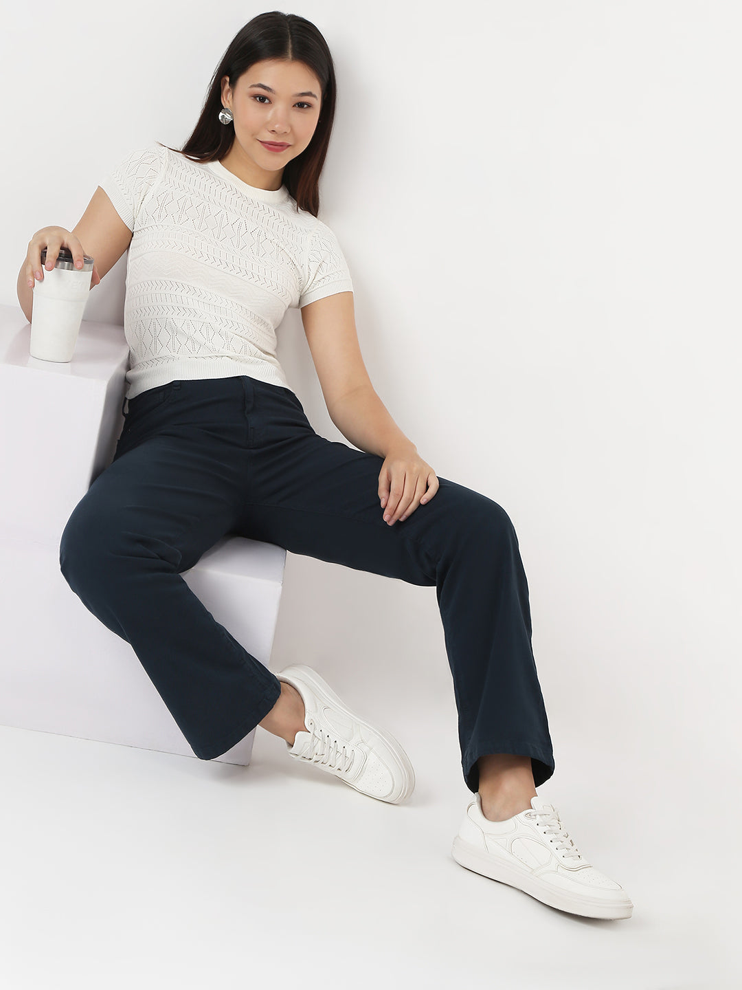 Women White Slim Flat Knit